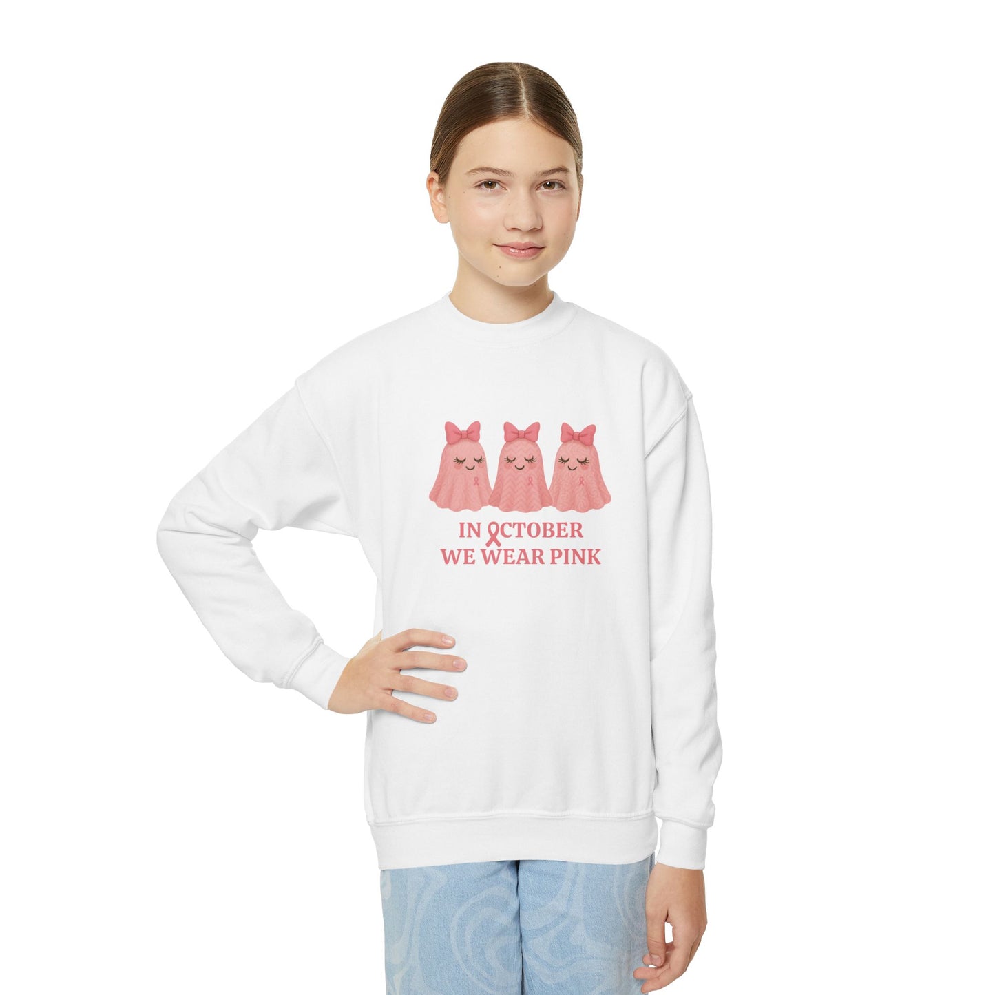 In October We Wear Pink: Cute Ghost Youth Crewneck - Whippie's