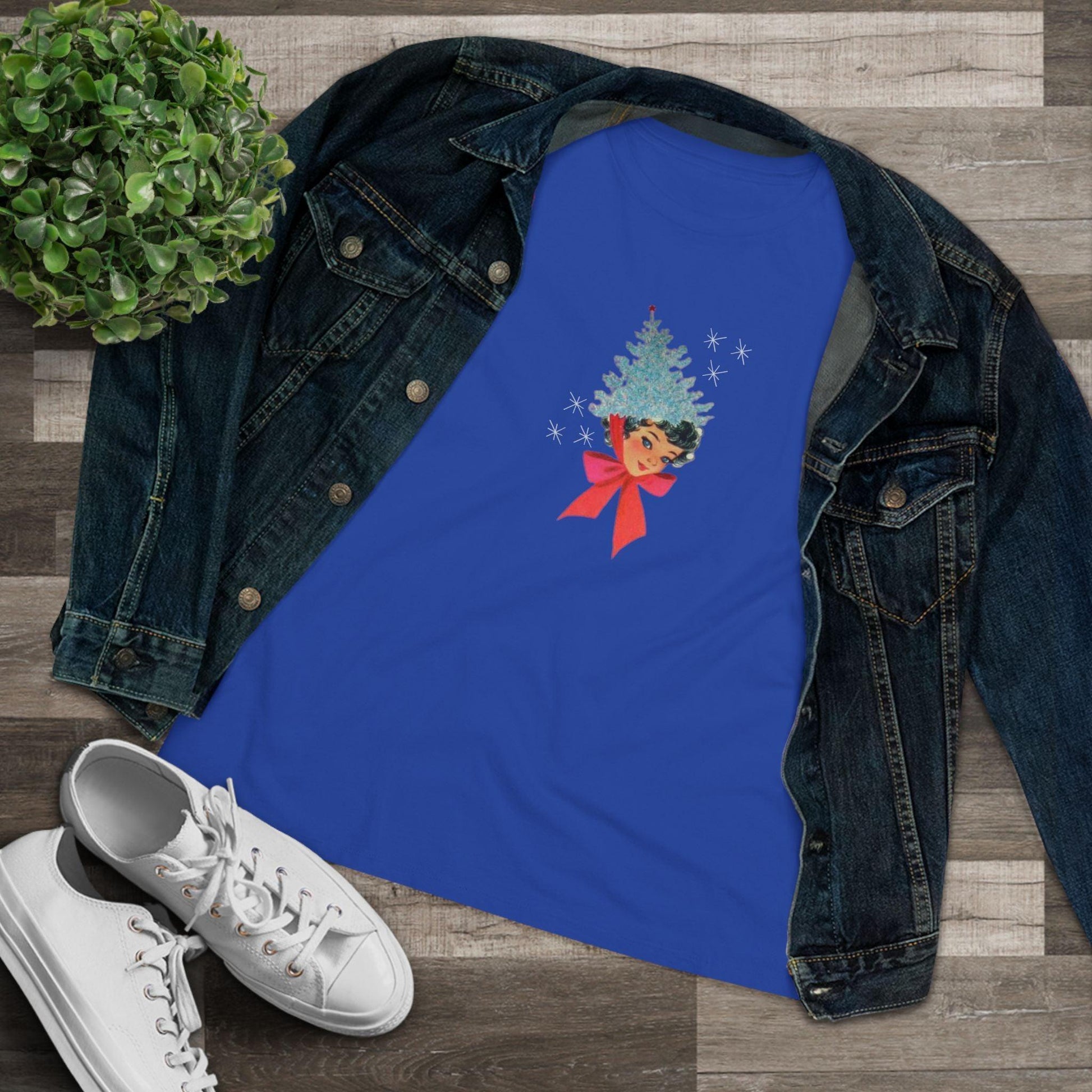 Retro Lady with Tinsel Christmas Tree Hat - Women's Tee - Whippie's