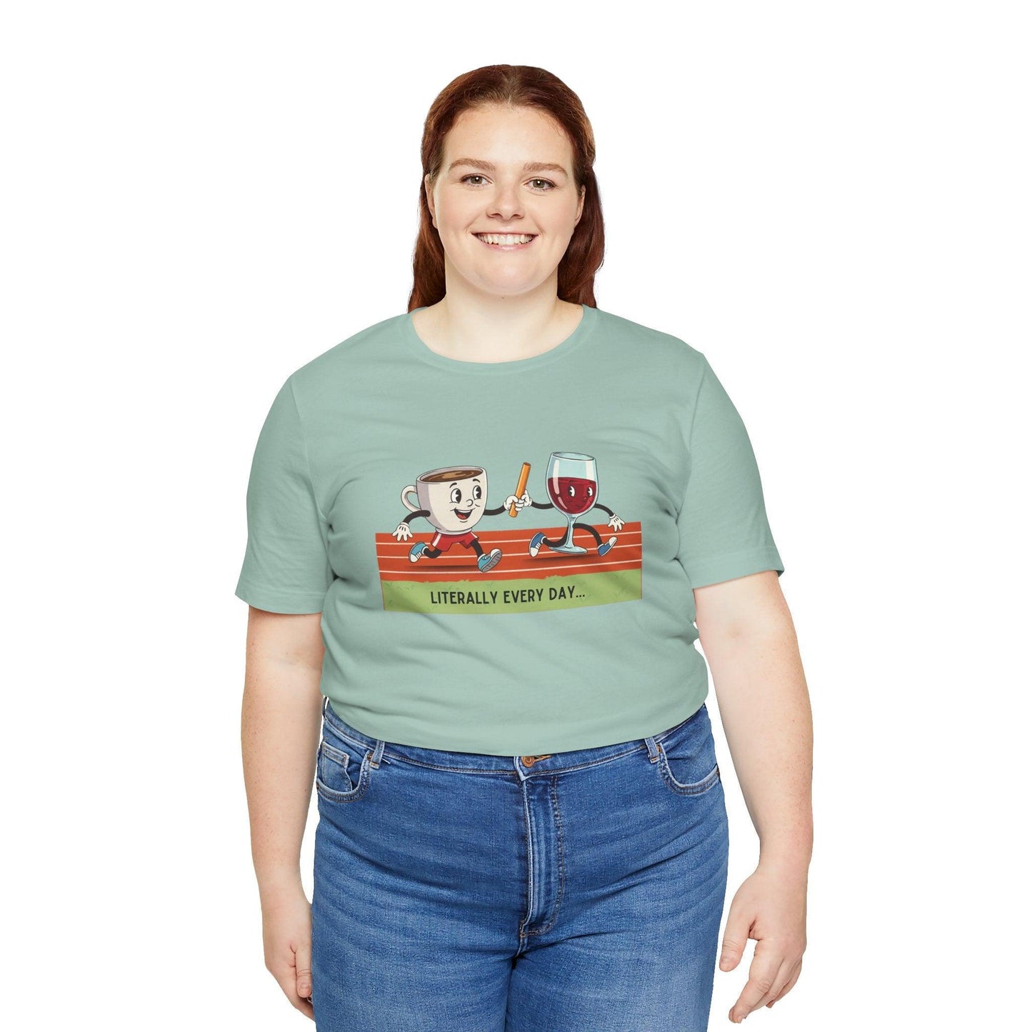Literally Everyday Unisex Jersey Tee - ☕🏃♀️🍷 From Coffee to Cocktails: It's a Relay Race! 🍷🏃♀️☕ - Whippie's