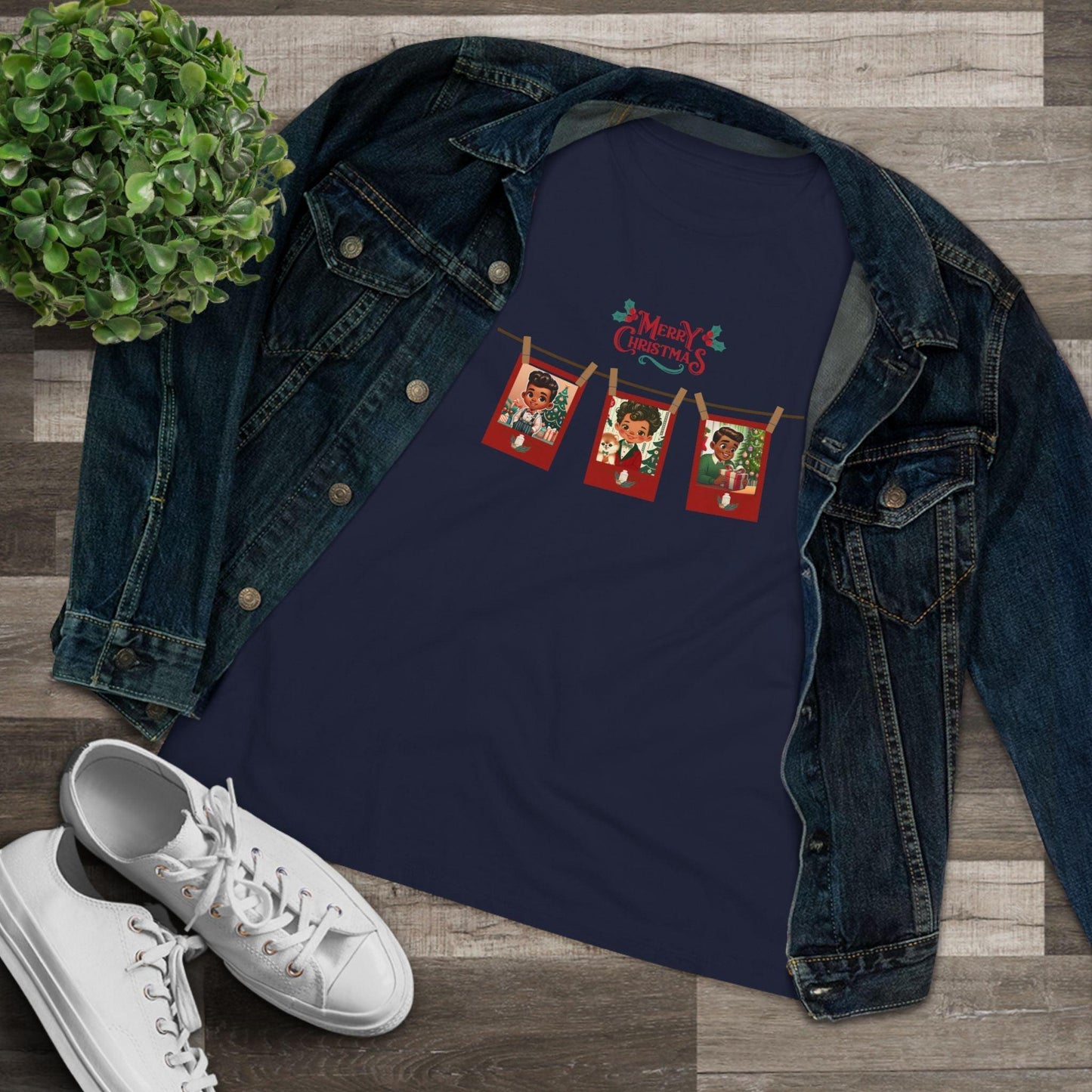 Merry Christmas - Photo Banner - Darker Skin Tone - Women's Softstyle Tee - Whippie's