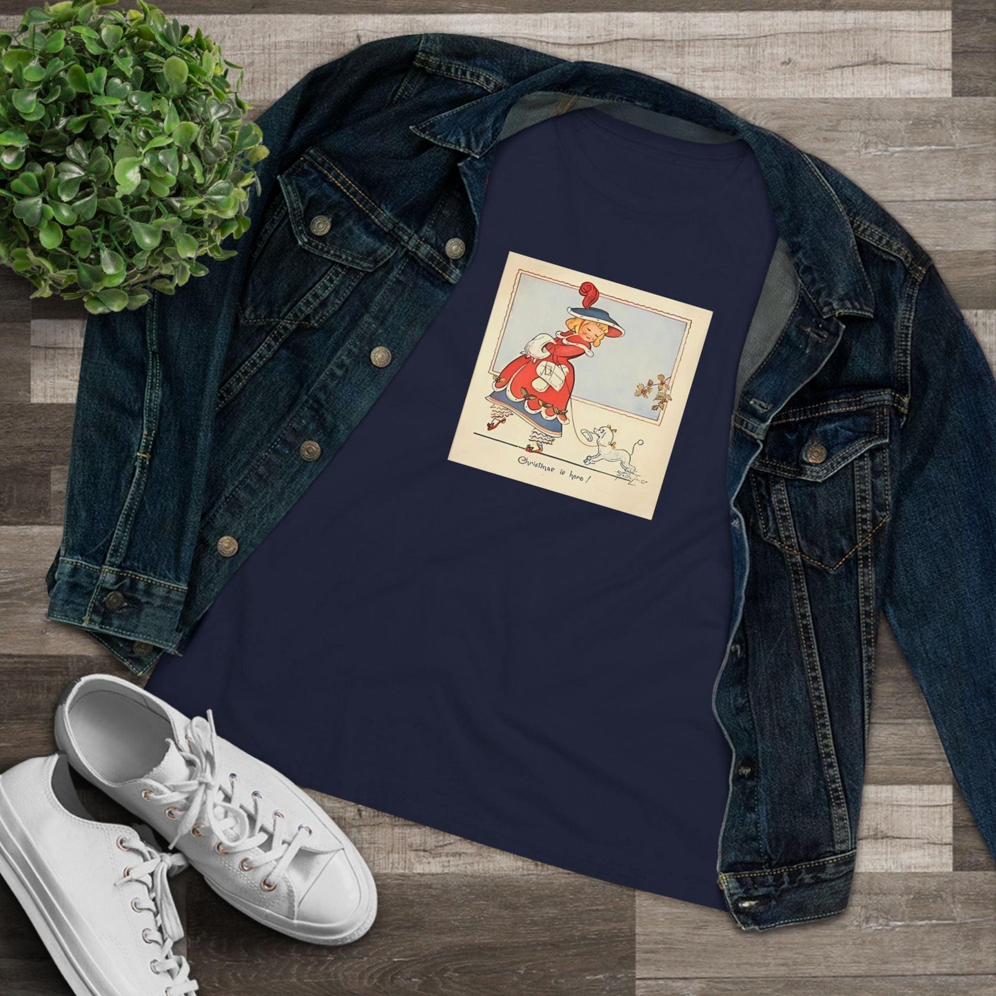 Christmas is Here - Vintage Girl with Poodle - Women's Softstyle Tee - Whippie's