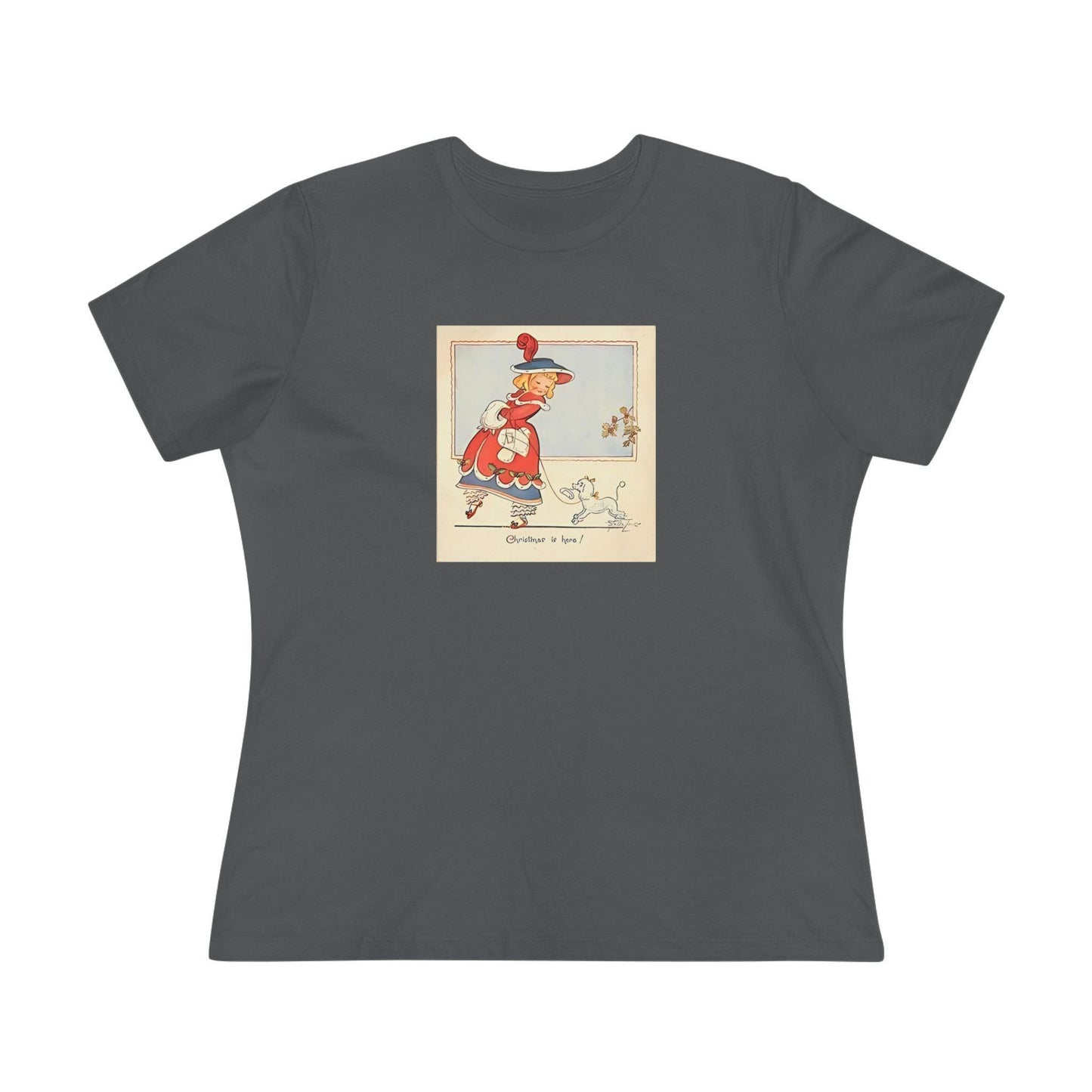 Christmas is Here - Vintage Girl with Poodle - Women's Softstyle Tee - Whippie's