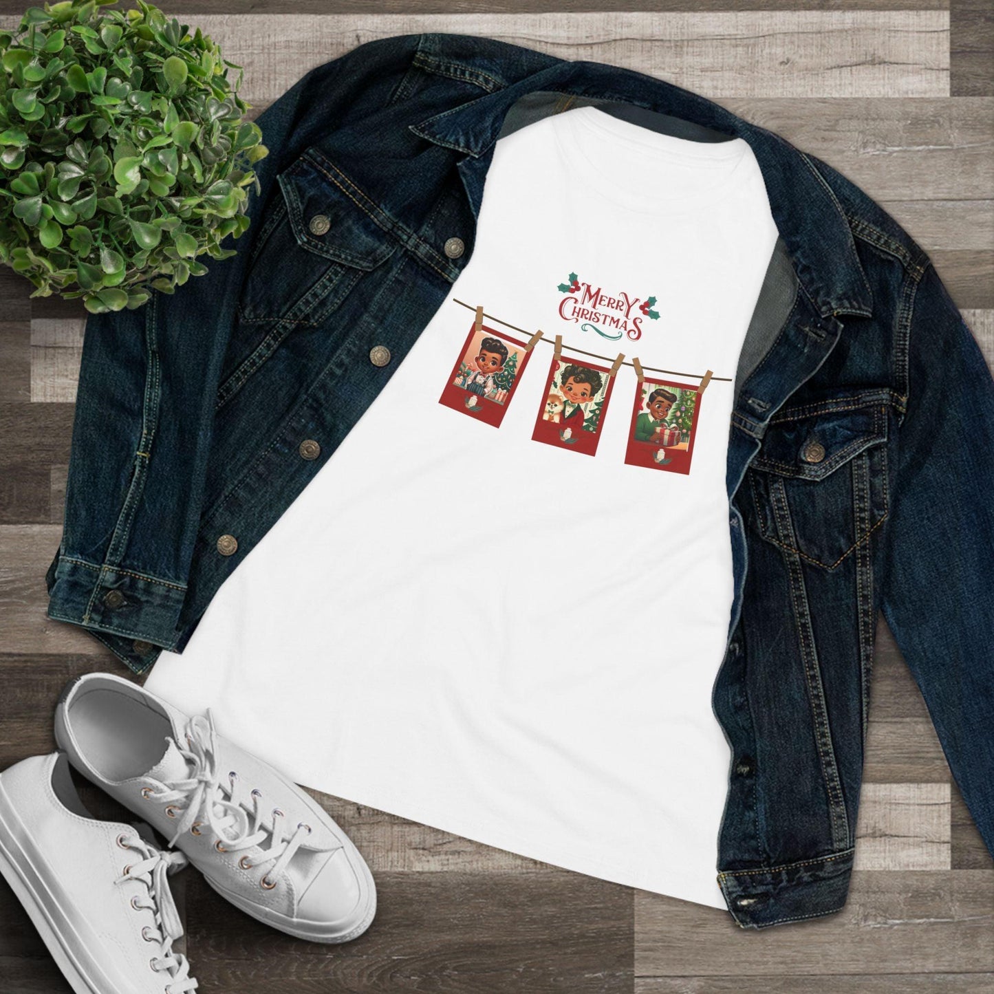 Merry Christmas - Photo Banner - Darker Skin Tone - Women's Softstyle Tee - Whippie's