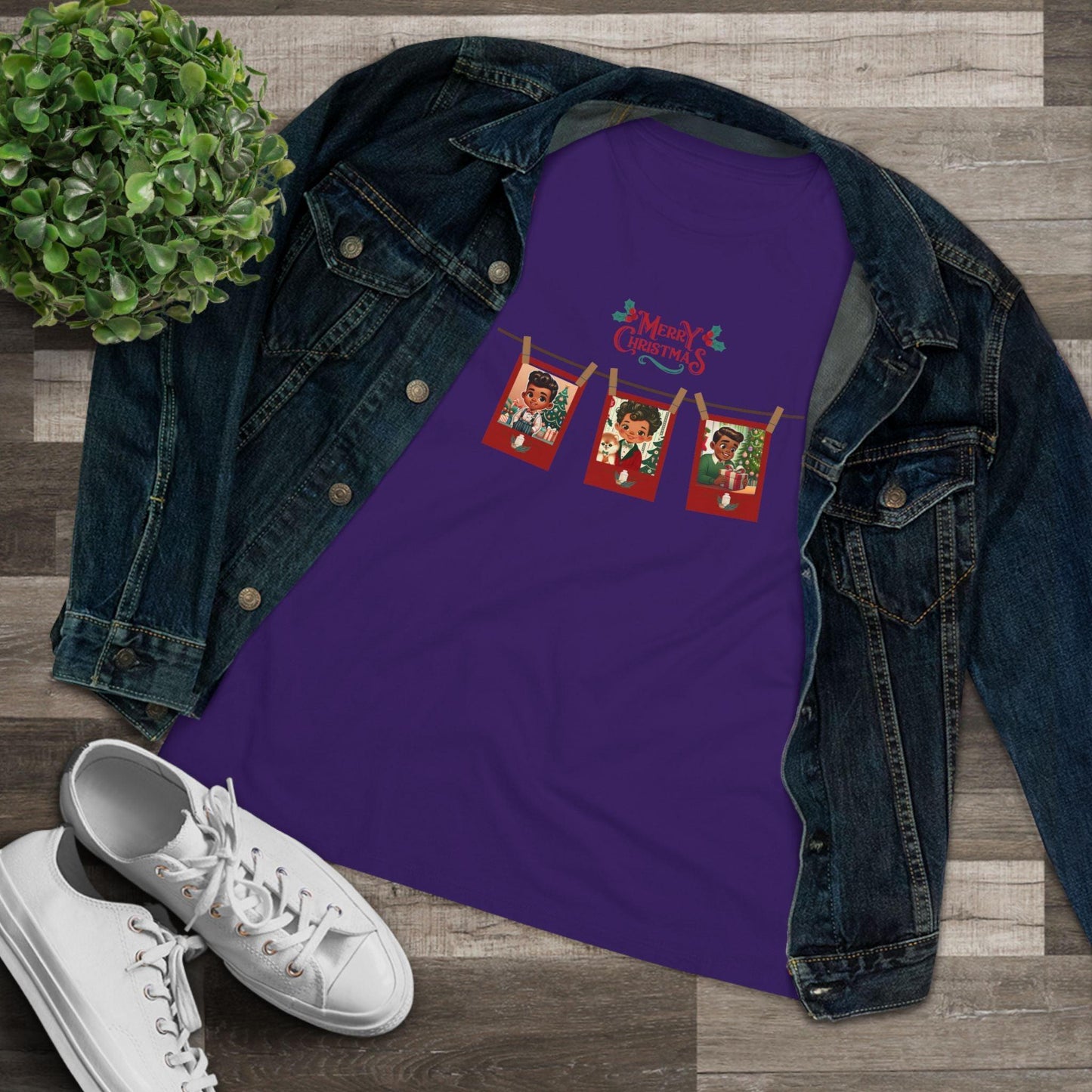 Merry Christmas - Photo Banner - Darker Skin Tone - Women's Softstyle Tee - Whippie's