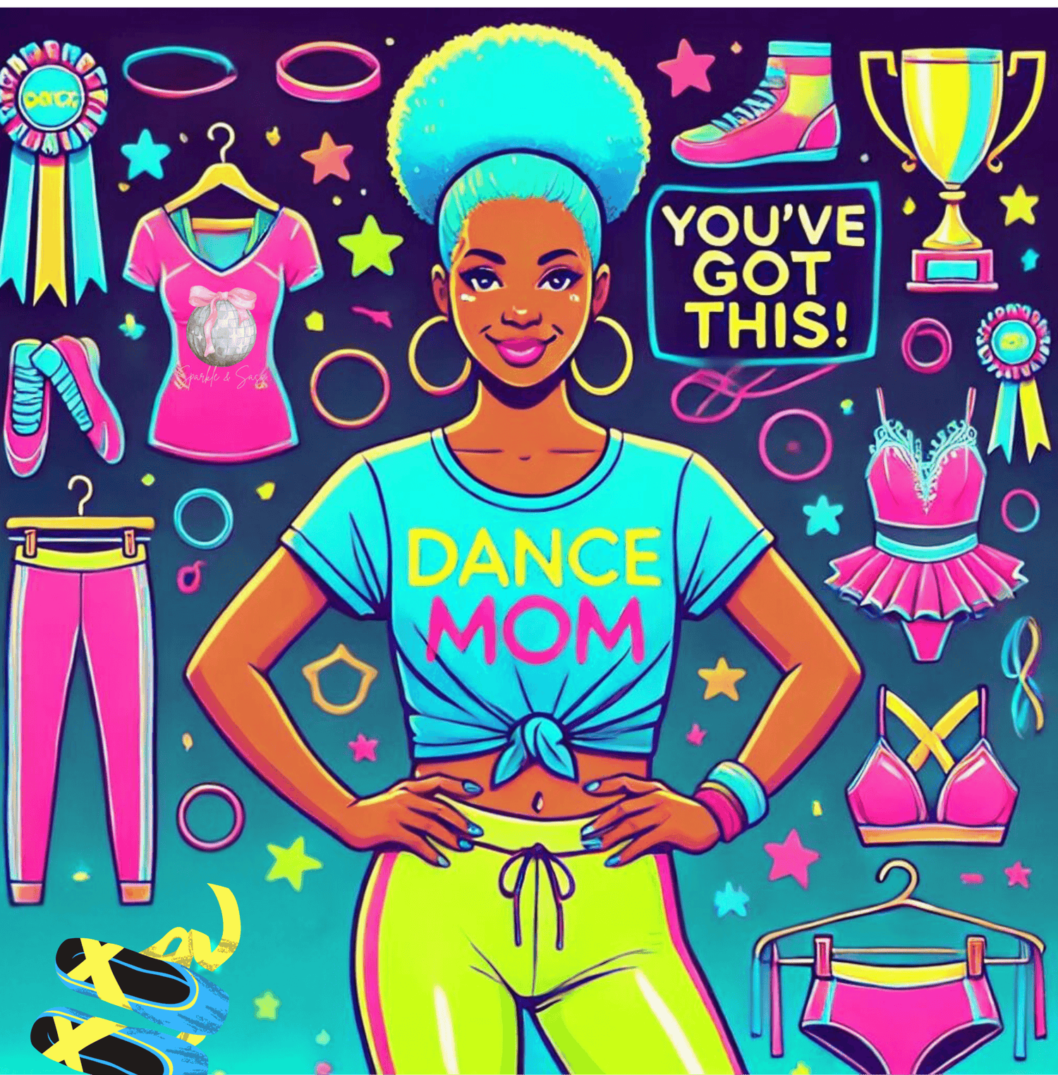 Dance Mom: You've Got This - Darker Skin Tone Mom - Blue Hair - Women's Flowy Racerback Tank - Whippie's