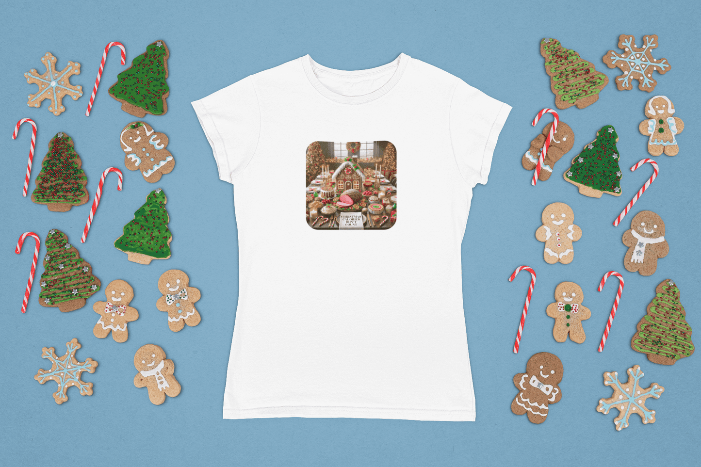 Christmas Calories Don’t Count 🎄 – Fun Festive Design with Gingerbread House & Holiday Feast - Unisex Softstyle Tee - Whippie's