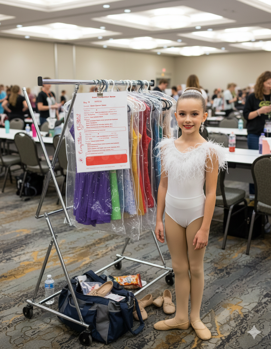 Young dancer in a white costume standing next to a rack of costumes in changing room at a Dance Competition with her Dance Compeition Checklist