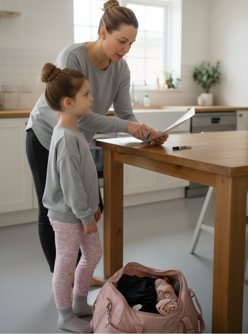 Woman and child in a kitchen looking at a Universal Dance Bag Checklist on a table.