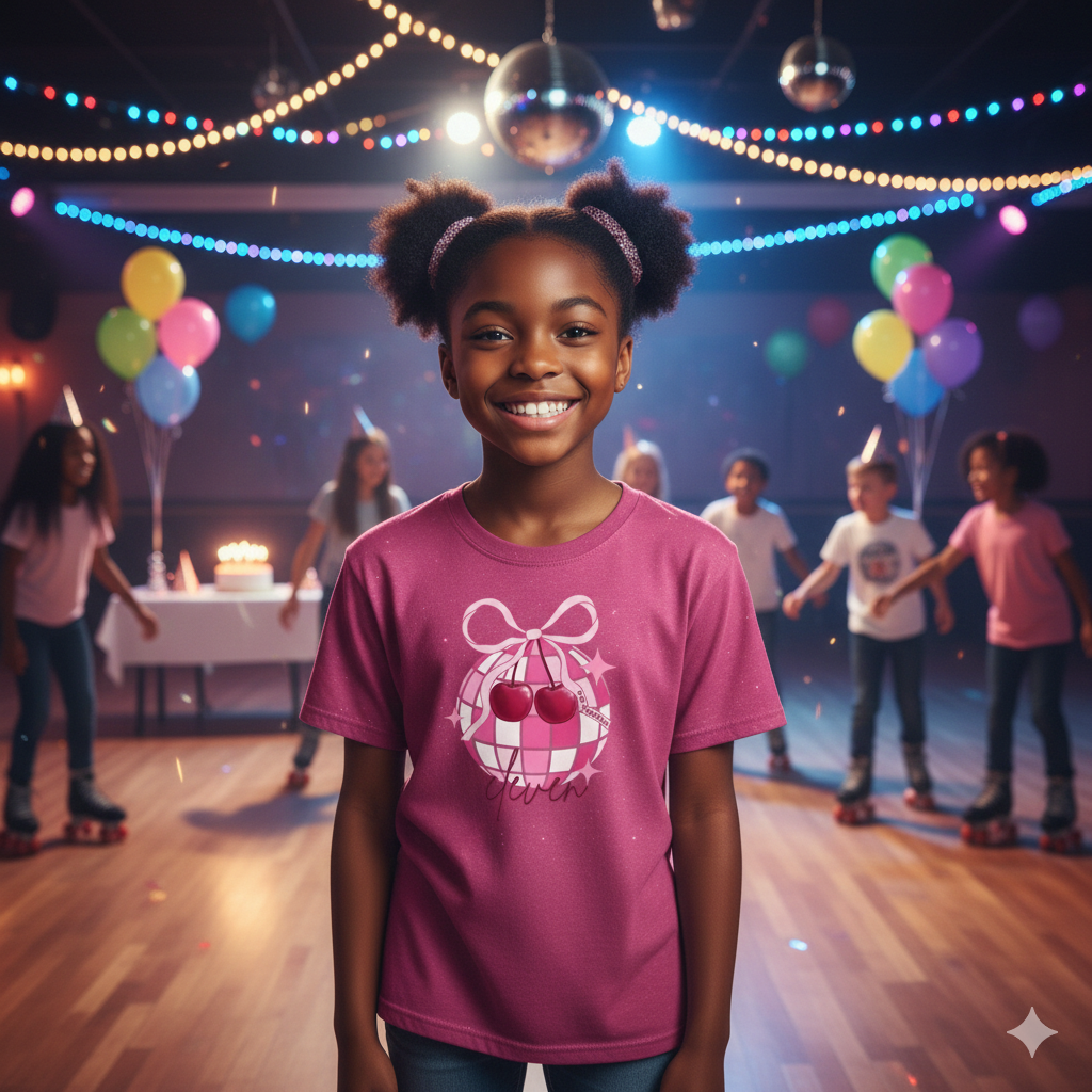 Young girl in a pink shirt with a checkered design in a festive indoor setting with balloons and decorations.