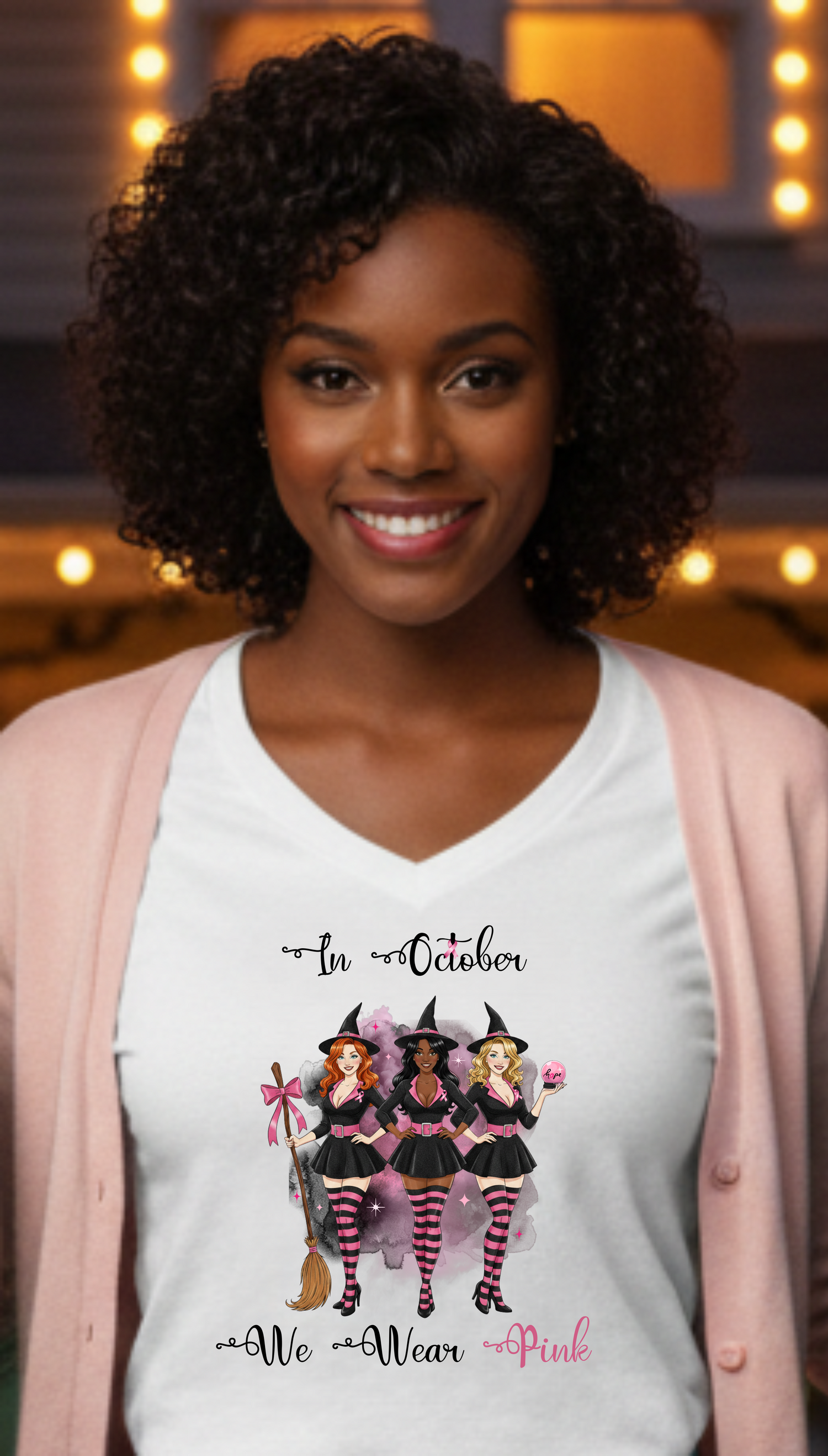 In October We Wear Pink Witches - Breast Cancer Awareness - Deep V-Neck Tee