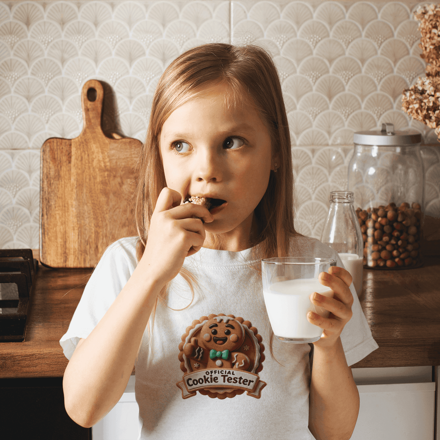 Official Cookie Tester 🍪 – Fun 3D Gingerbread Circle with Peekaboo Gingerbread Man - Kids Unisex Softstyle Tee - Whippie's