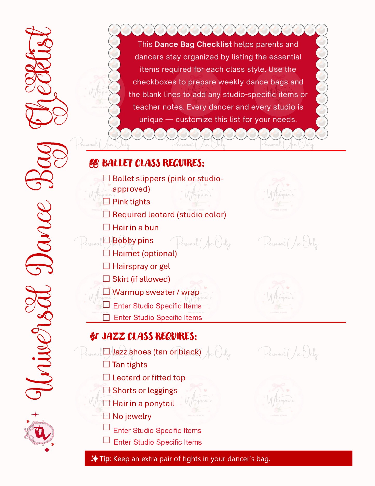 Dance Bag Schedule Bundle (Printable)