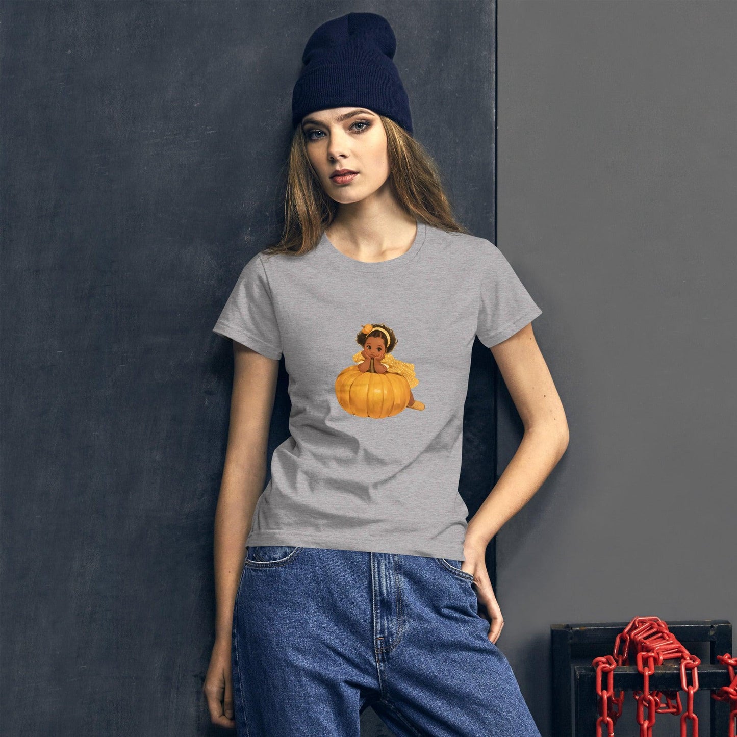 Little Pumpkin Patch: Baby Leaning on Pumpkin - Women's T-Shirt - Whippie's