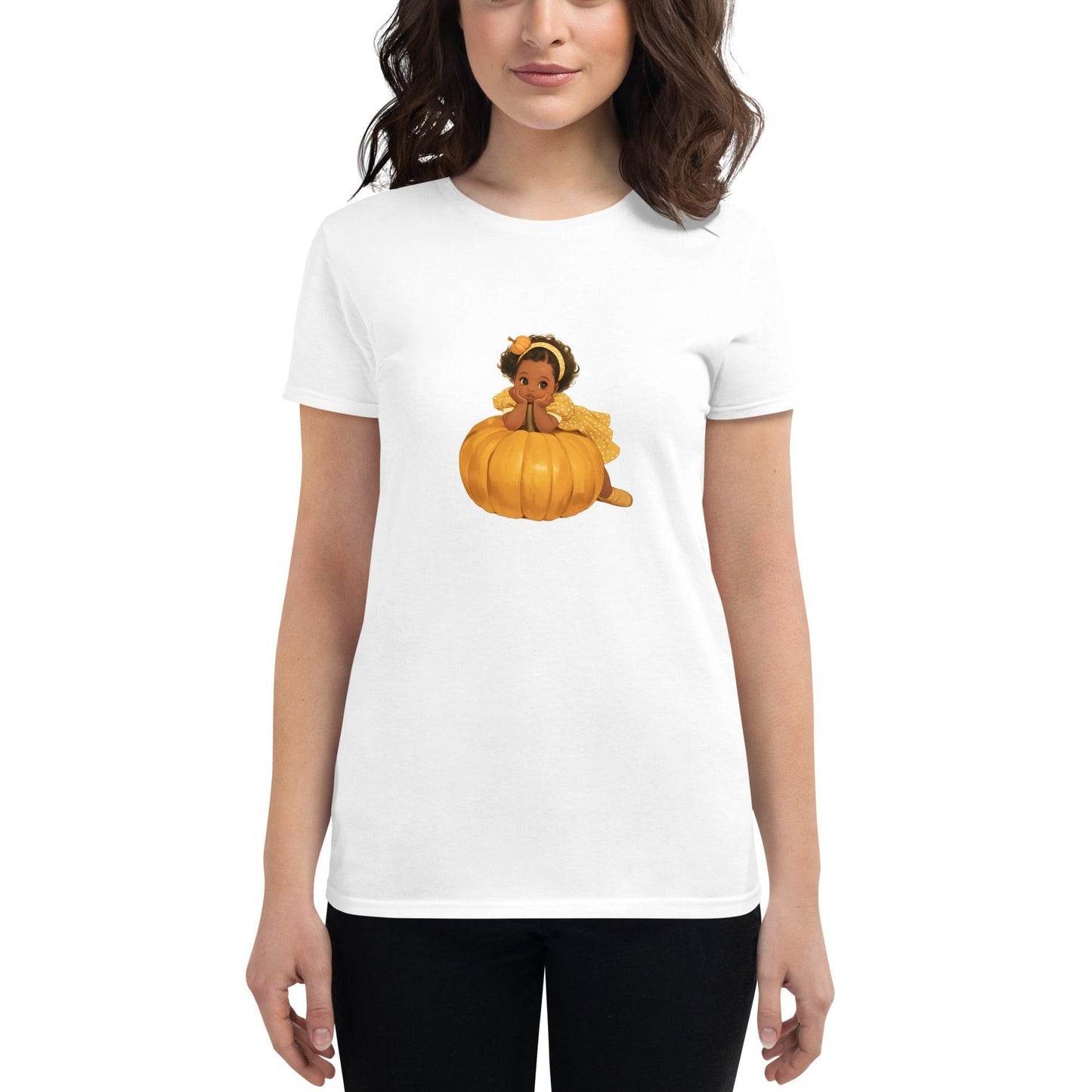 Little Pumpkin Patch: Baby Leaning on Pumpkin - Women's T-Shirt - Whippie's