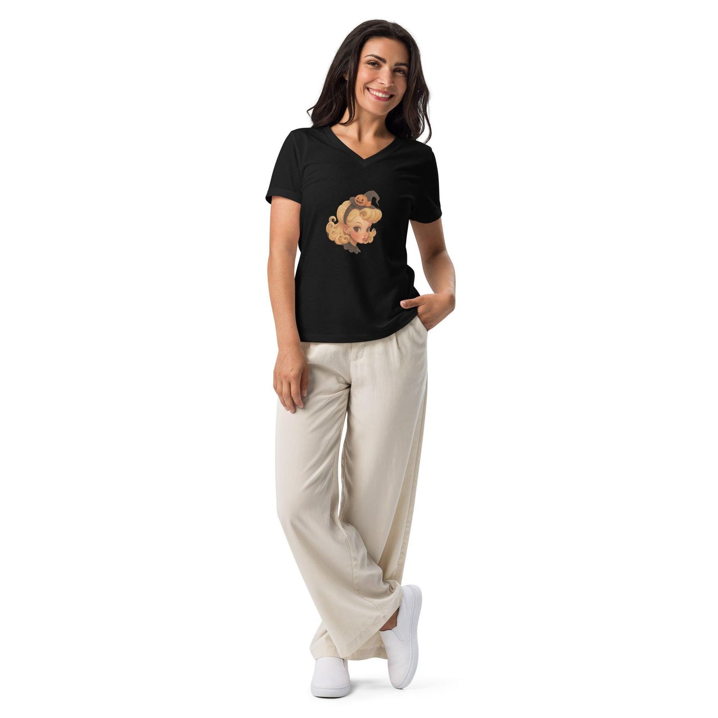 Blonde Witch with Pumpkin Headband V-neck T-shirt - Whippie's