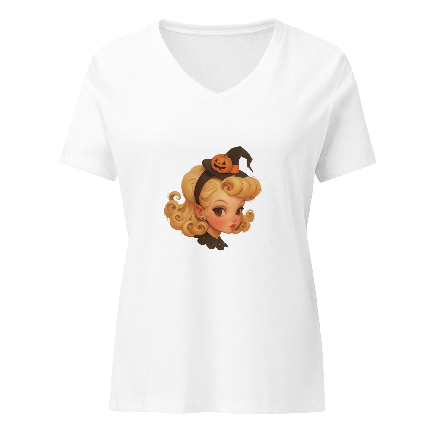 Blonde Witch with Pumpkin Headband V-neck T-shirt - Whippie's