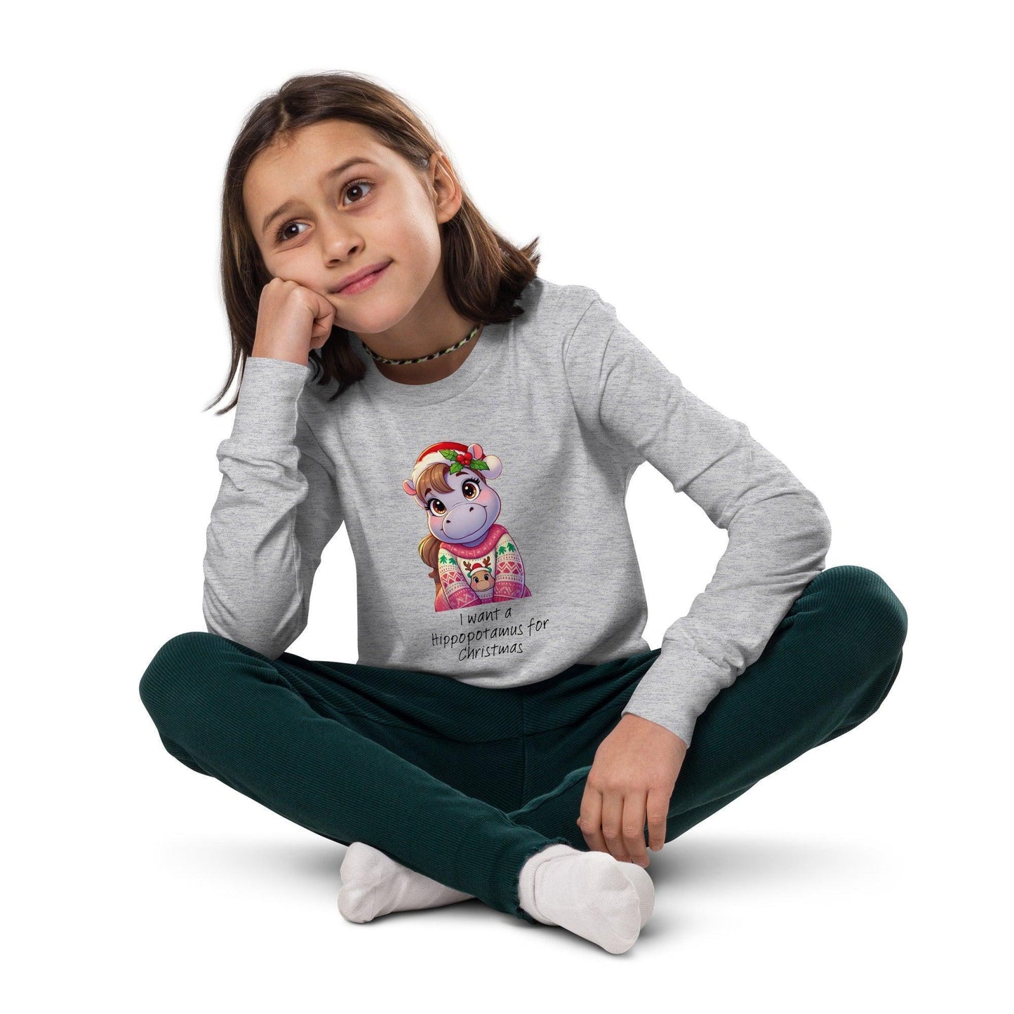 I Want a Hippopotamus for Christmas 🦛🎄 Girl Hippo - Youth Long Sleeve Tee! 🎁✨ - Whippie's