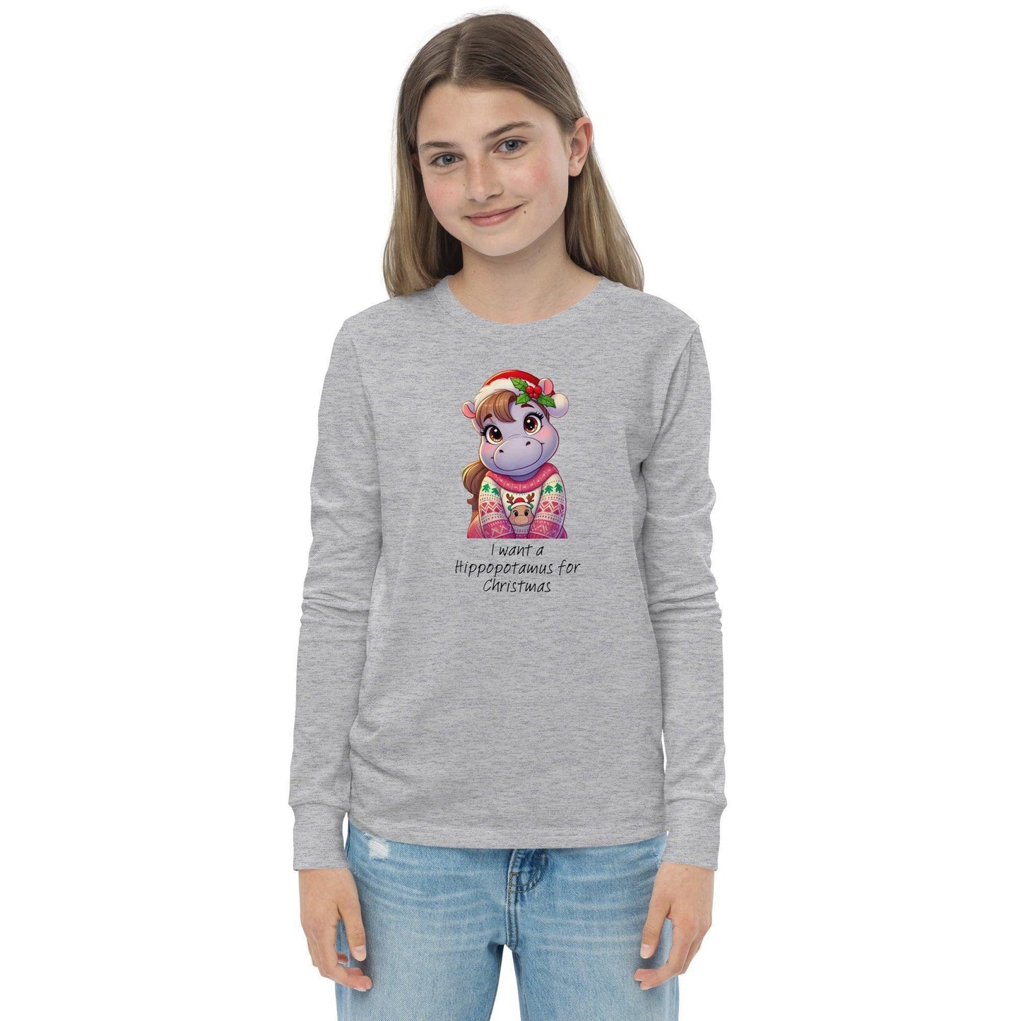 I Want a Hippopotamus for Christmas 🦛🎄 Girl Hippo - Youth Long Sleeve Tee! 🎁✨ - Whippie's