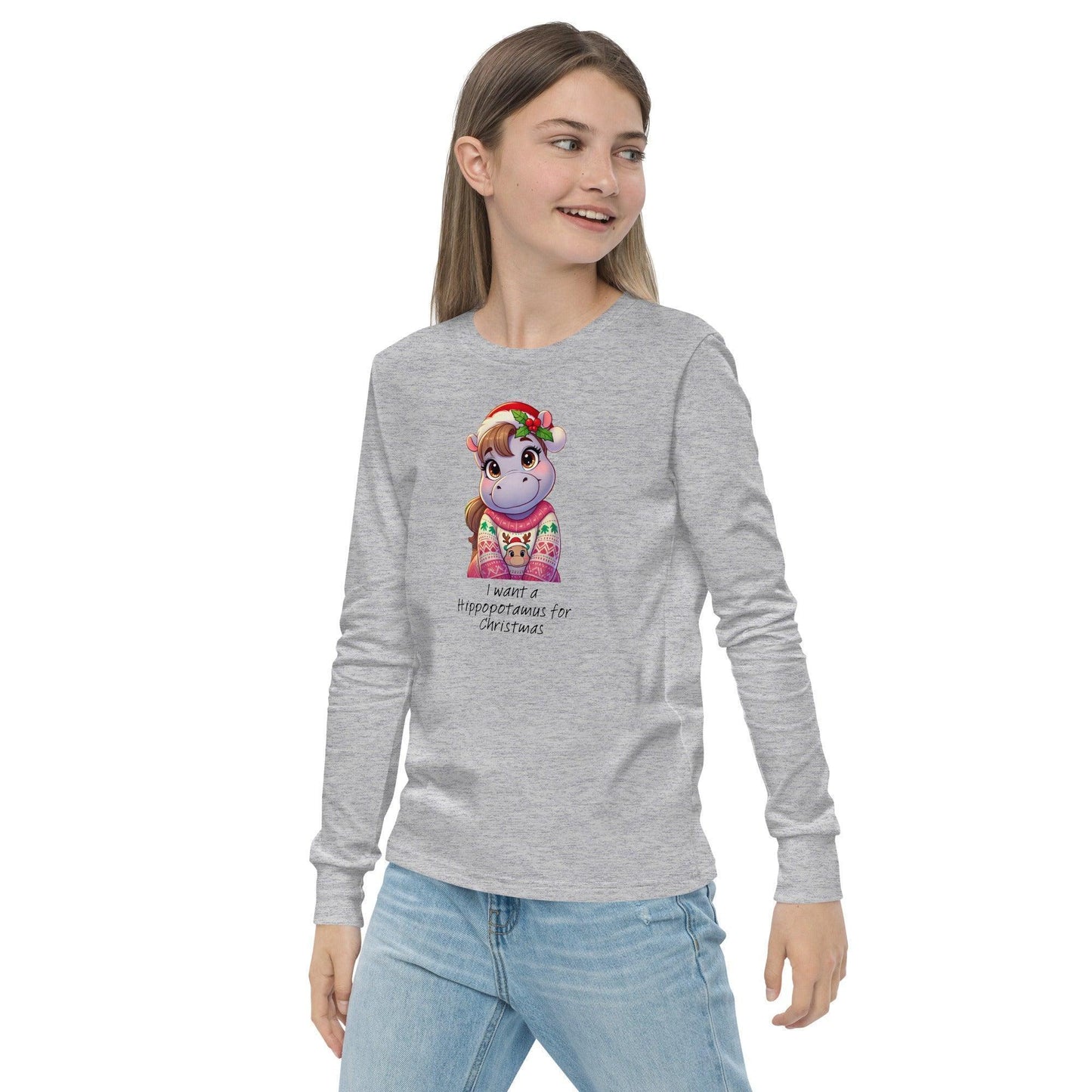 I Want a Hippopotamus for Christmas 🦛🎄 Girl Hippo - Youth Long Sleeve Tee! 🎁✨ - Whippie's