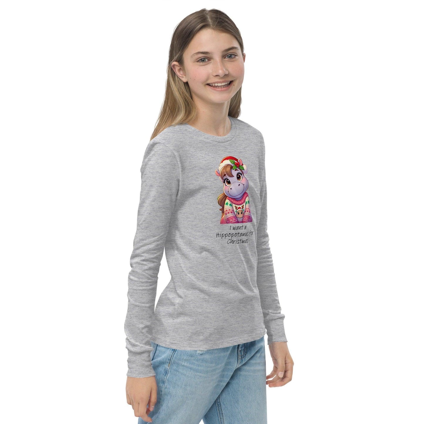 I Want a Hippopotamus for Christmas 🦛🎄 Girl Hippo - Youth Long Sleeve Tee! 🎁✨ - Whippie's