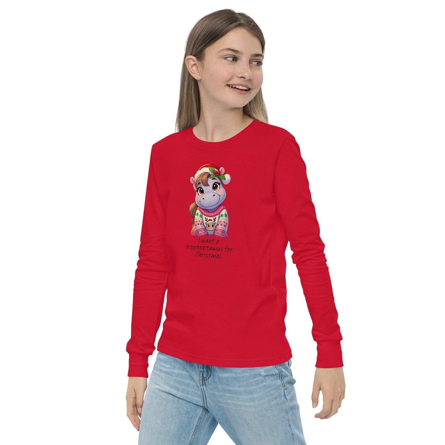 I Want a Hippopotamus for Christmas 🦛🎄 Girl Hippo - Youth Long Sleeve Tee! 🎁✨ - Whippie's
