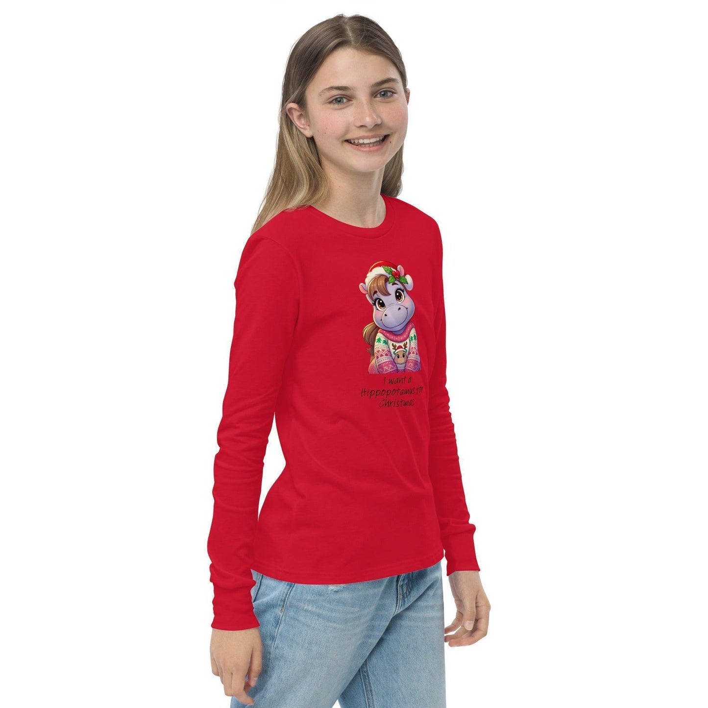 I Want a Hippopotamus for Christmas 🦛🎄 Girl Hippo - Youth Long Sleeve Tee! 🎁✨ - Whippie's