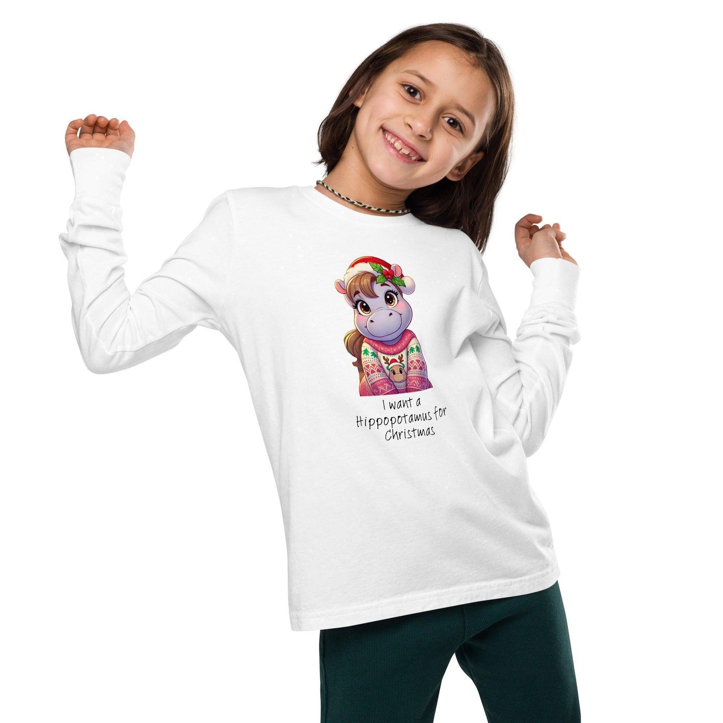 I Want a Hippopotamus for Christmas 🦛🎄 Girl Hippo - Youth Long Sleeve Tee! 🎁✨ - Whippie's