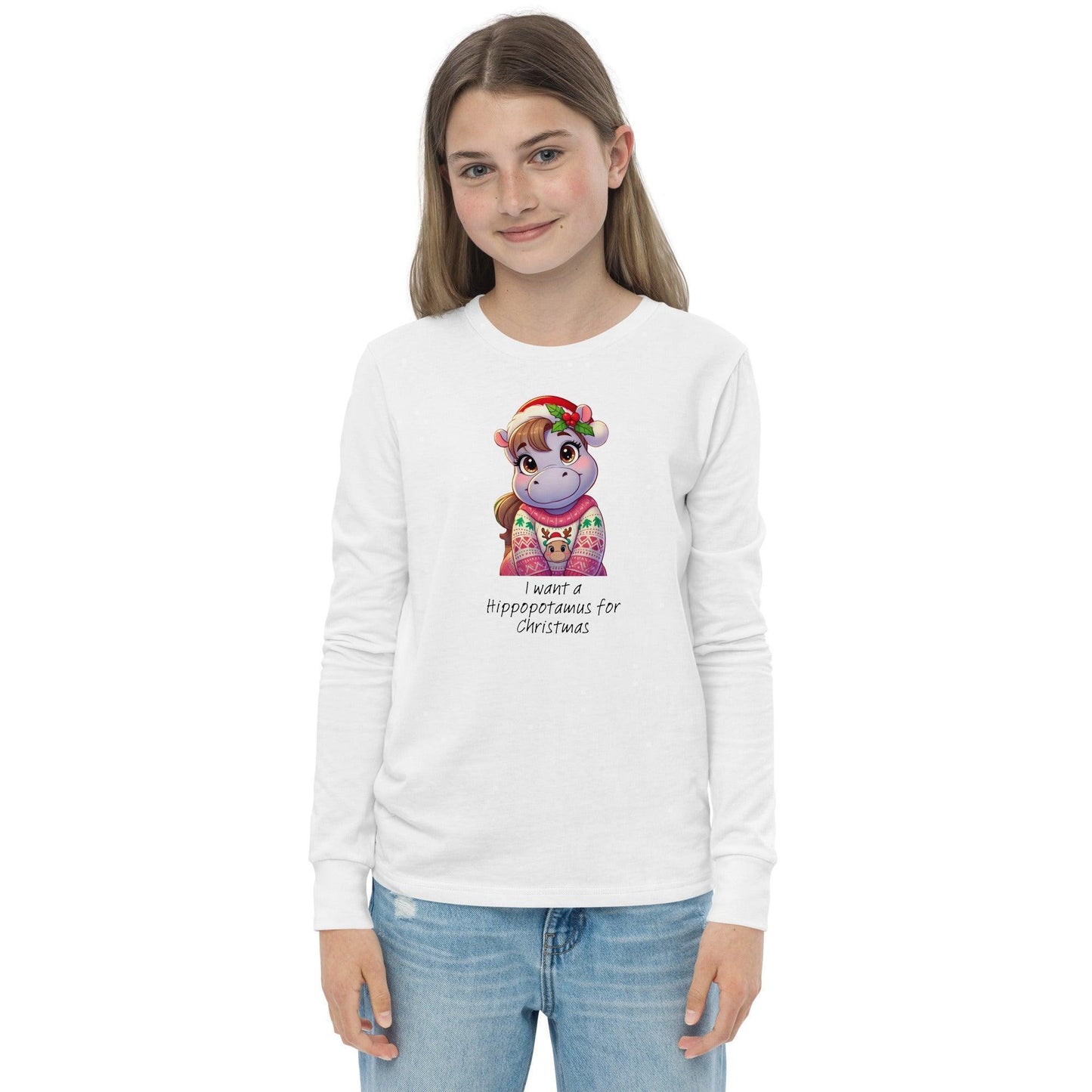 I Want a Hippopotamus for Christmas 🦛🎄 Girl Hippo - Youth Long Sleeve Tee! 🎁✨ - Whippie's