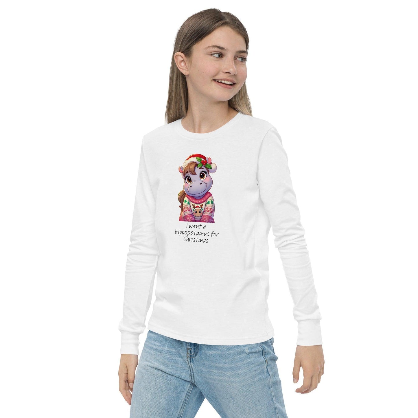 I Want a Hippopotamus for Christmas 🦛🎄 Girl Hippo - Youth Long Sleeve Tee! 🎁✨ - Whippie's