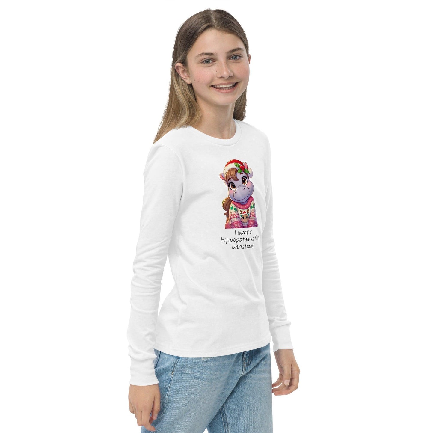 I Want a Hippopotamus for Christmas 🦛🎄 Girl Hippo - Youth Long Sleeve Tee! 🎁✨ - Whippie's