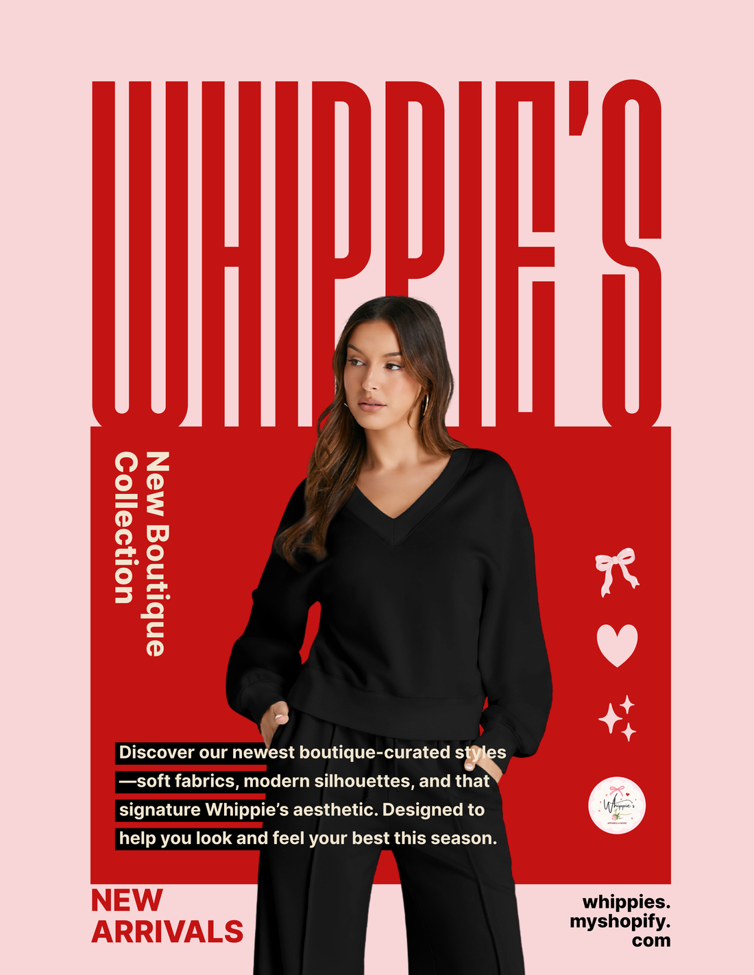 Woman wearing Whippie’s Boutique Collection outfit with red-and-pink branding – new boutique clothing launch.