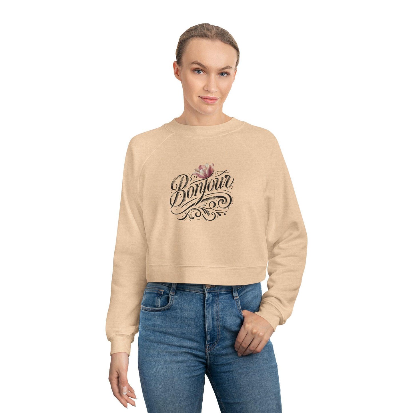 Bonjour! Cropped Fleece Pullover 🌷✨ Women's Cozy Sweatshirt 💖 - Whippie's