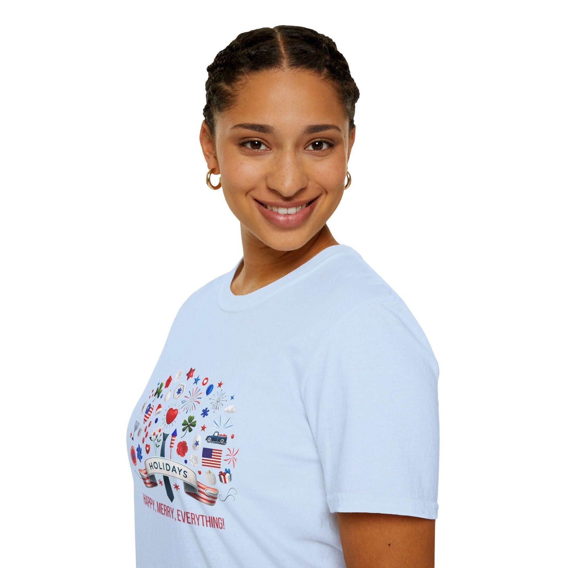 Merry Happy Everything 🎉 Unisex T-Shirt - Red, White & Blue Holiday Cheer! - Whippie's