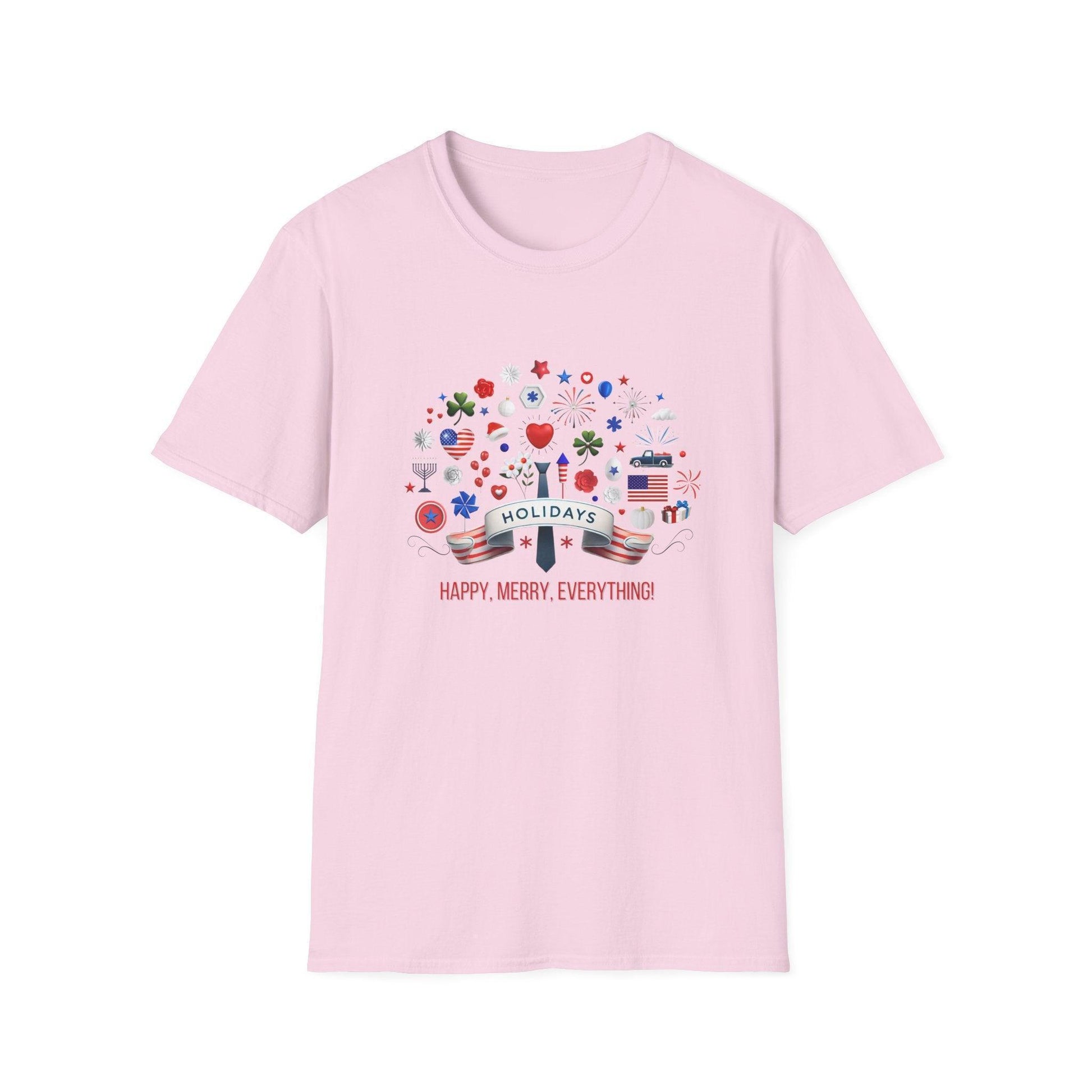Merry Happy Everything 🎉 Unisex T-Shirt - Red, White & Blue Holiday Cheer! - Whippie's