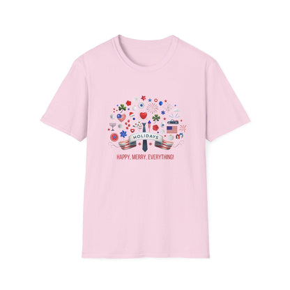Merry Happy Everything 🎉 Unisex T-Shirt - Red, White & Blue Holiday Cheer! - Whippie's
