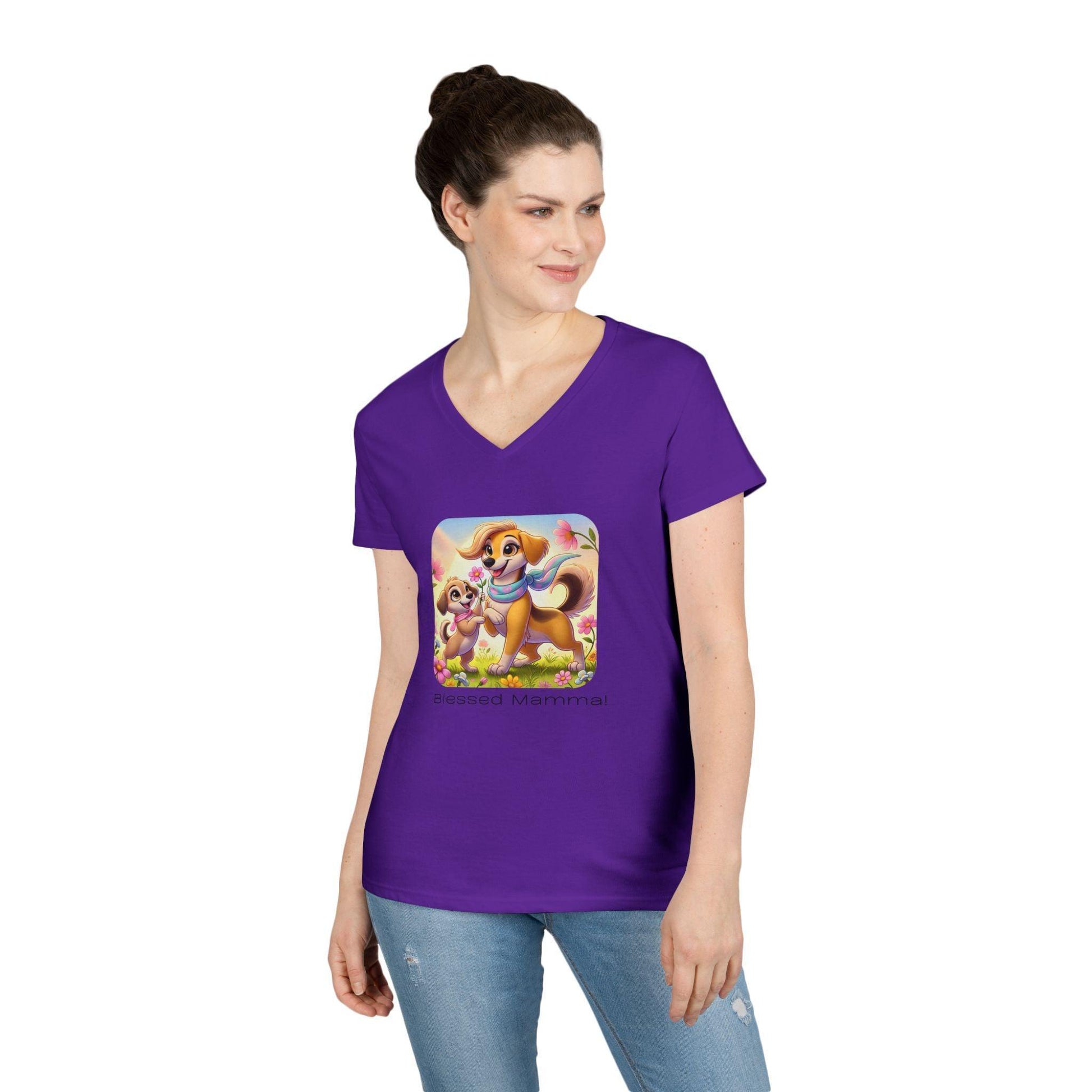 Blessed Mamma - Dog and Puppy 🐶💐 Ladies' V-Neck Tee 💖 - Whippie's