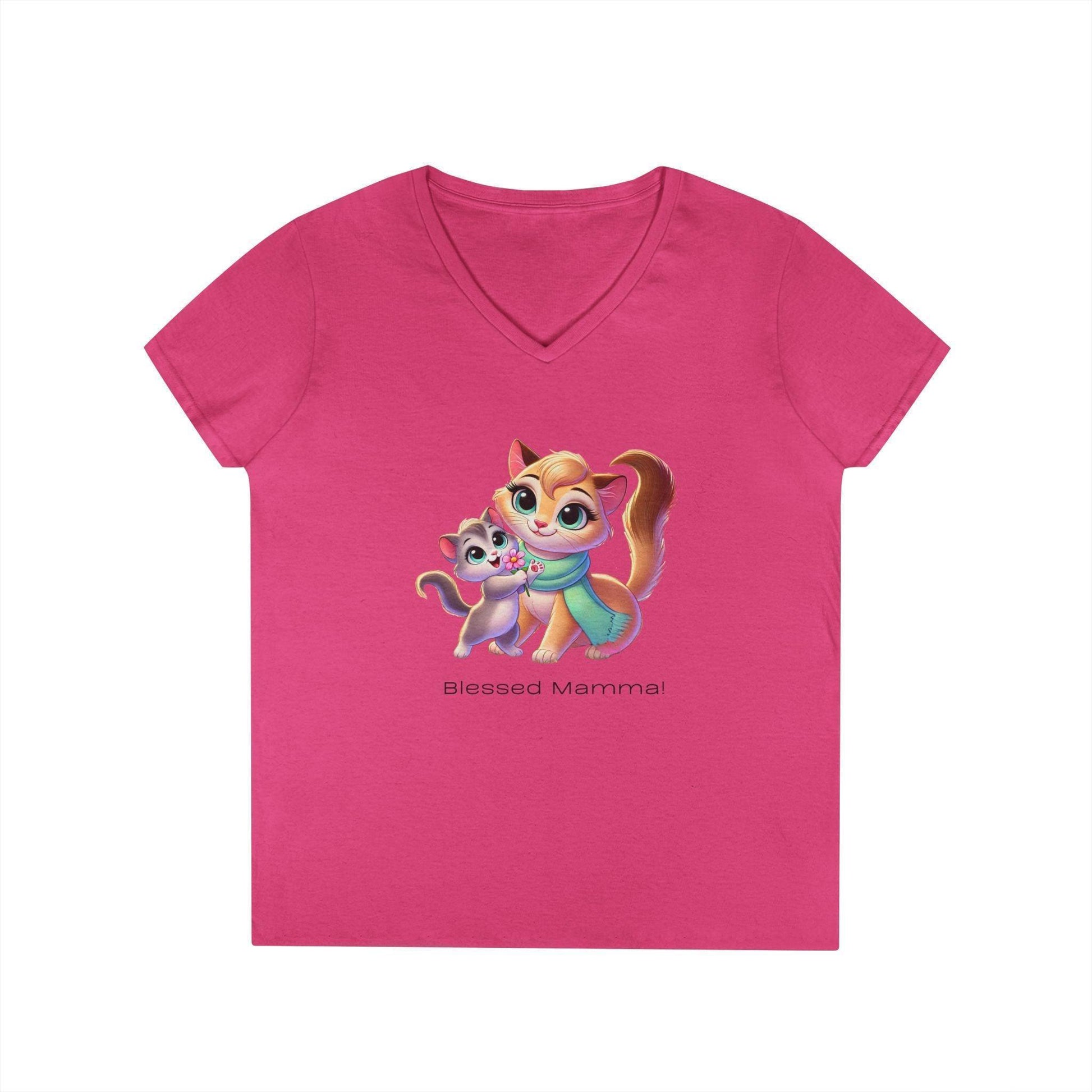 Blessed Mamma - Cat and Kitten 🐱💐 Ladies' V-Neck Tee 💖 - Whippie's