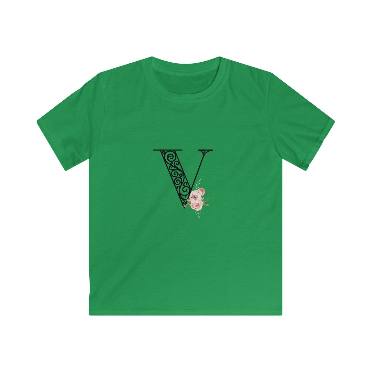 Floral Letters: Letter V - Kids Softstyle Tee - Whippie's