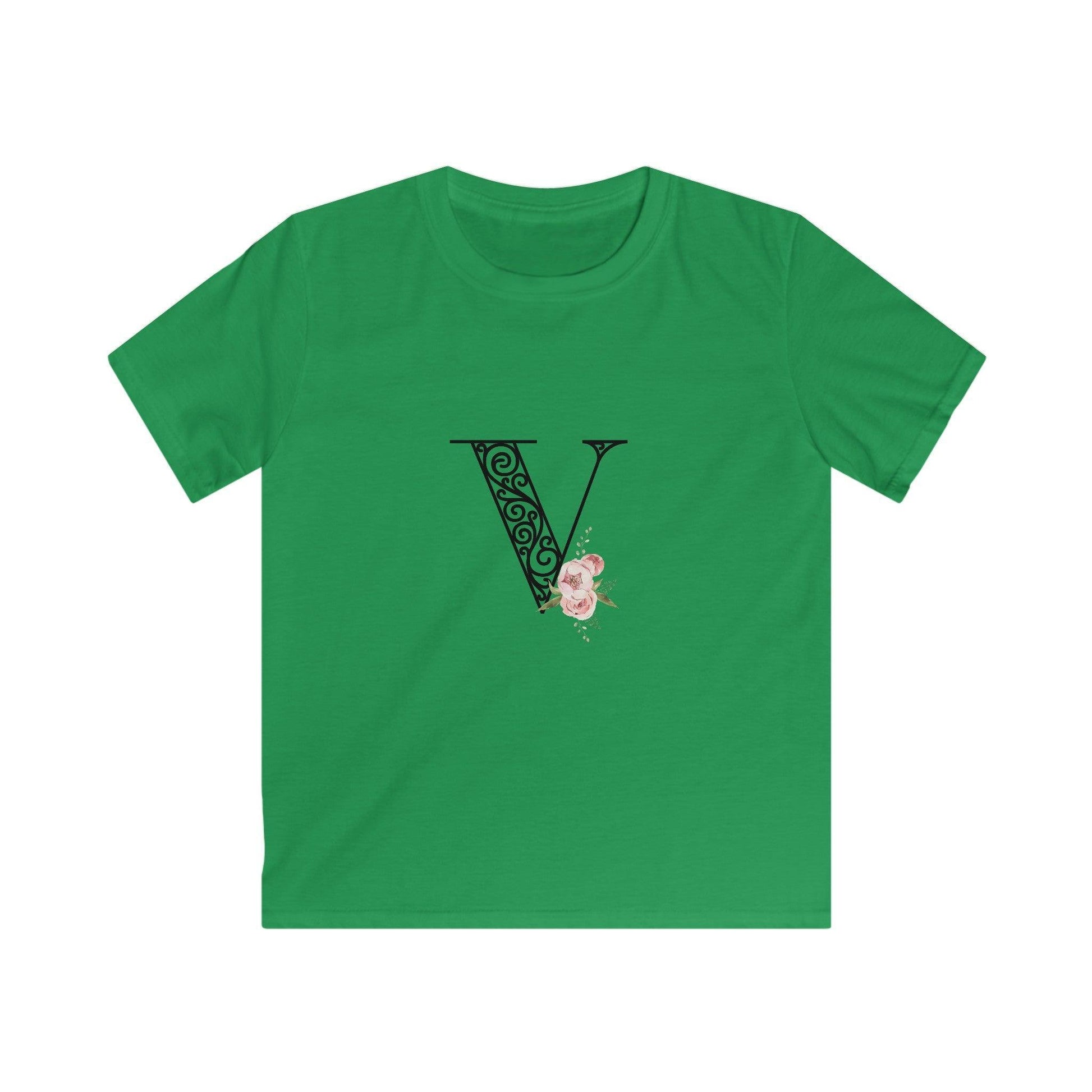 Floral Letters: Letter V - Kids Softstyle Tee - Whippie's