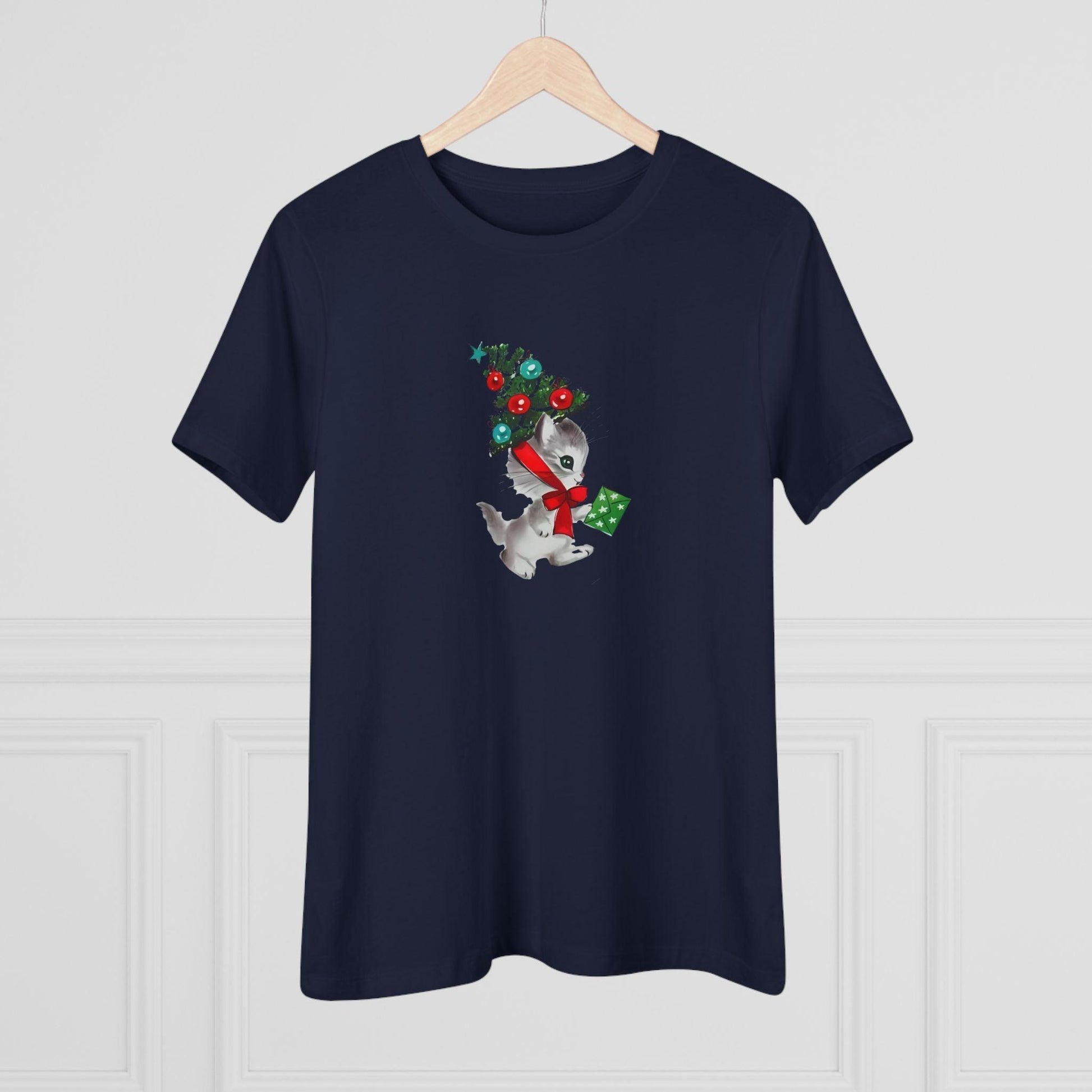 Kittie with Christmas Tree Hat and Card - Women's Softstyle Tee - Whippie's