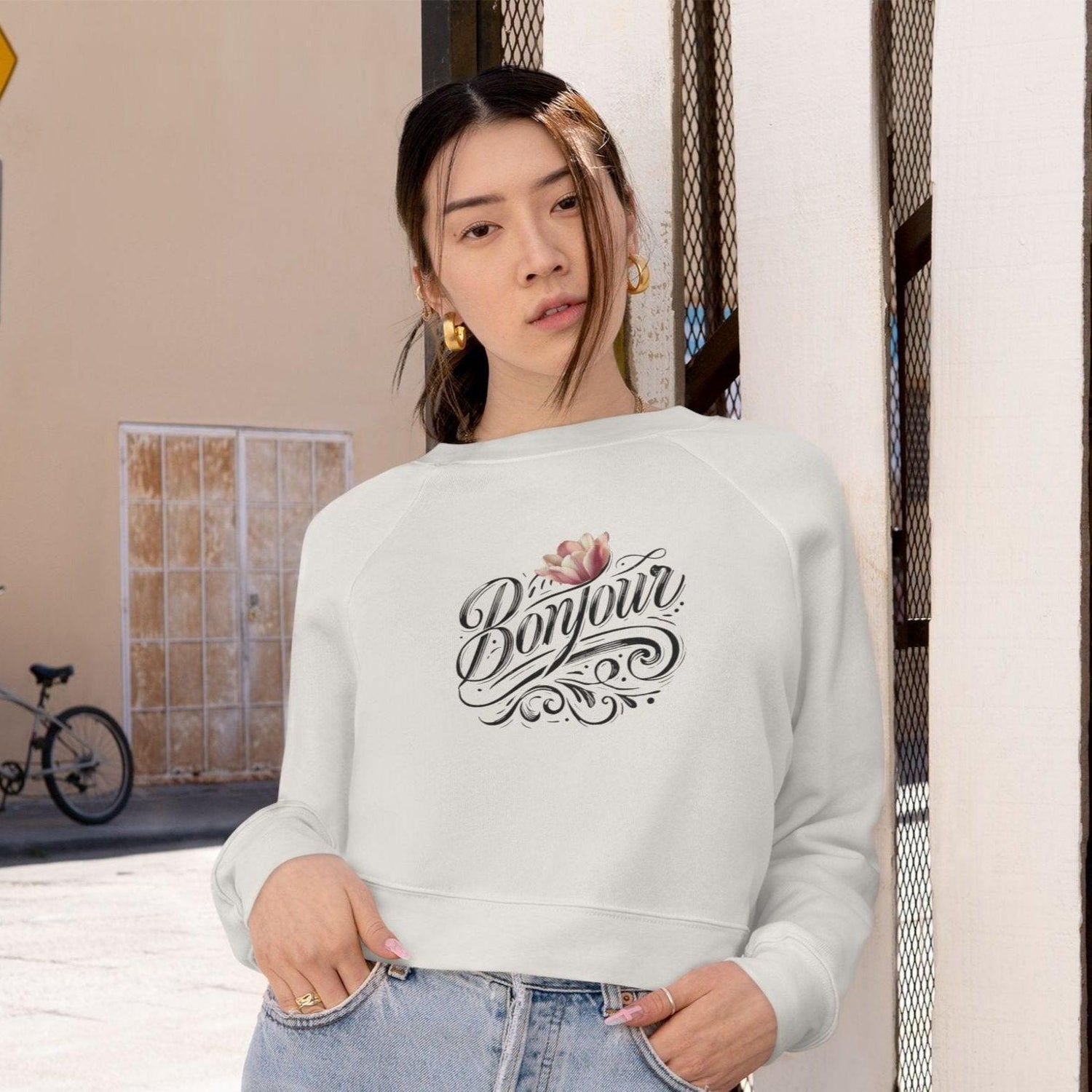 Bonjour! Cropped Fleece Pullover 🌷✨ Women's Cozy Sweatshirt 💖 - Whippie's