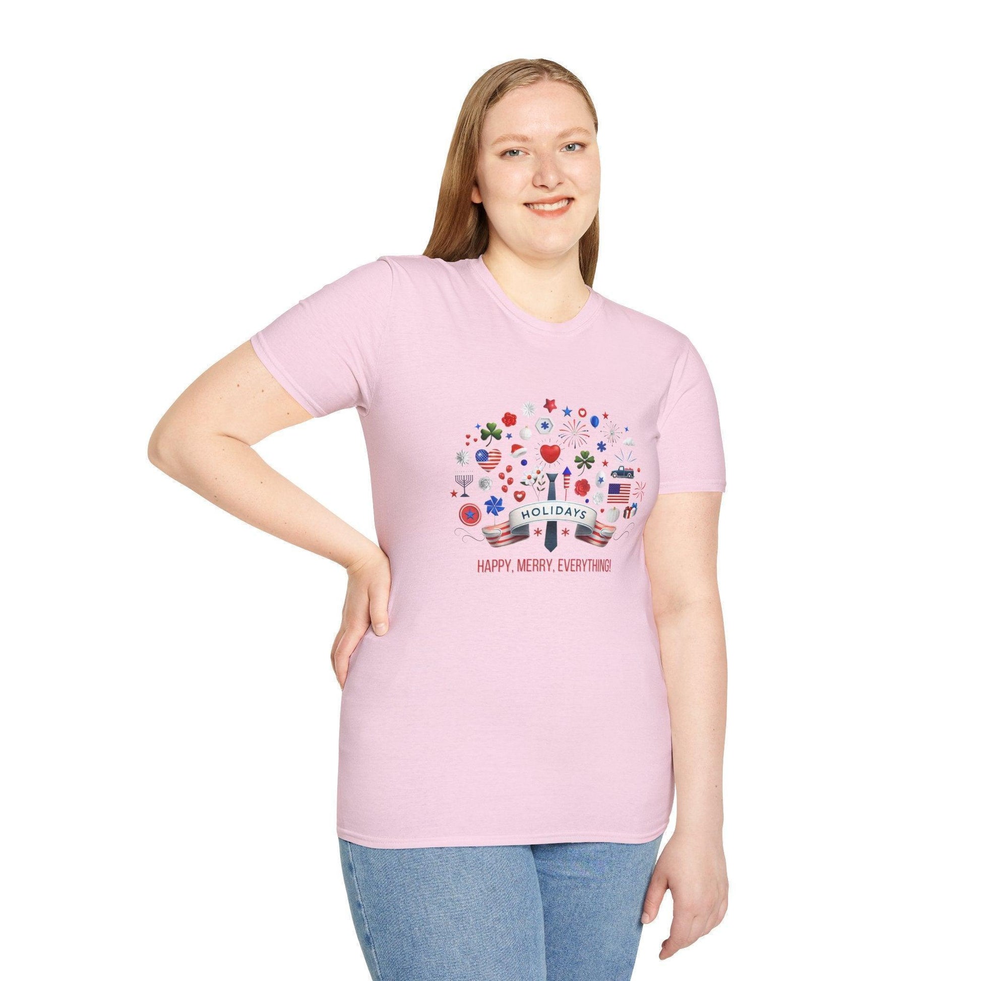 Merry Happy Everything 🎉 Unisex T-Shirt - Red, White & Blue Holiday Cheer! - Whippie's