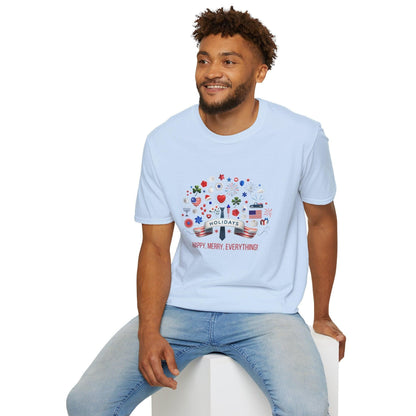Merry Happy Everything 🎉 Unisex T-Shirt - Red, White & Blue Holiday Cheer! - Whippie's