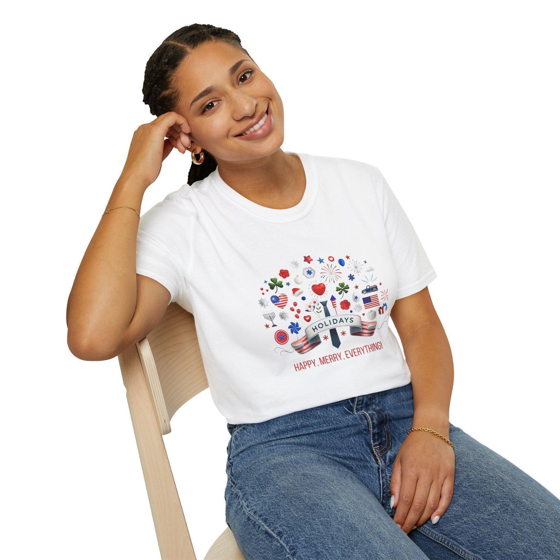 Merry Happy Everything 🎉 Unisex T-Shirt - Red, White & Blue Holiday Cheer! - Whippie's