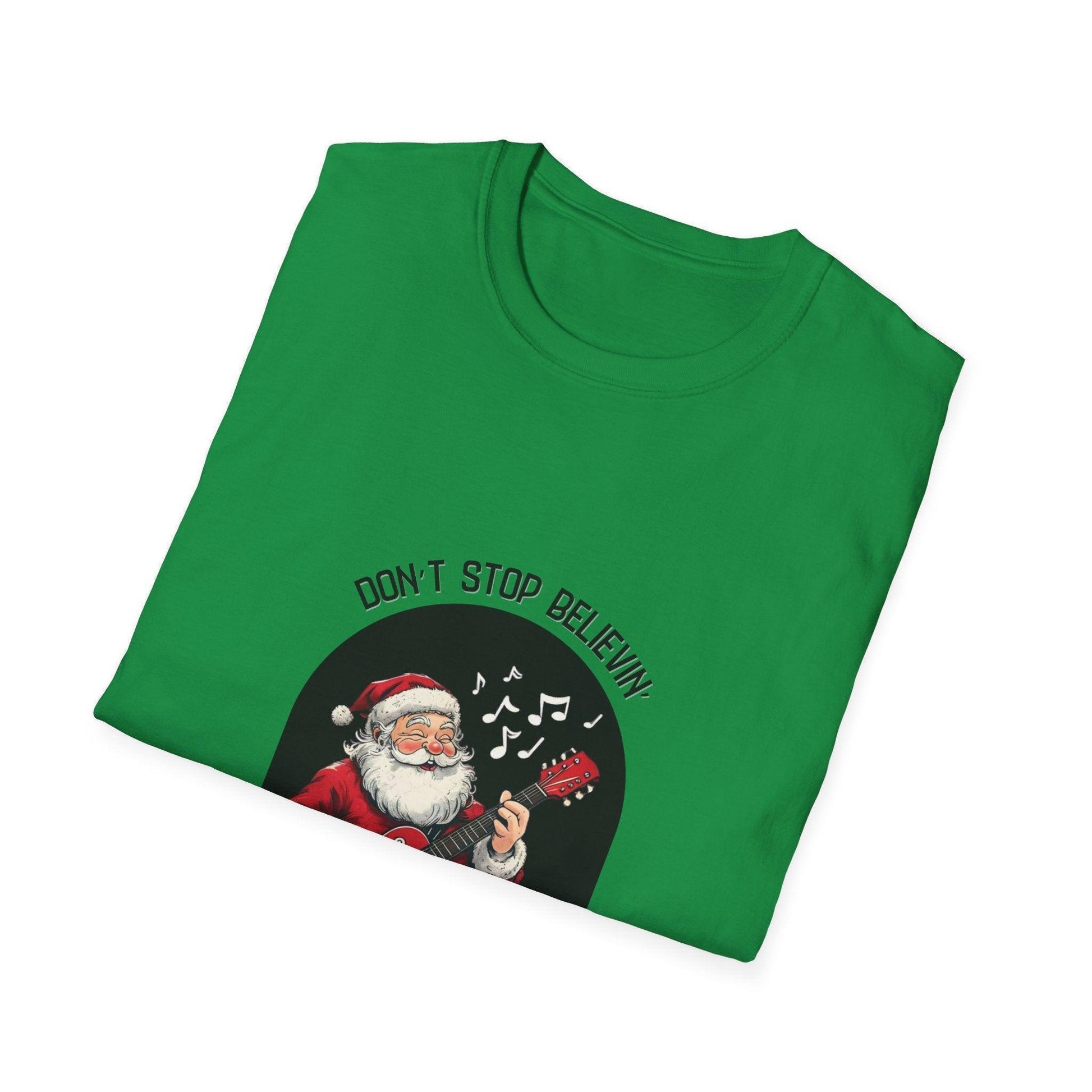 Don't Stop Believin': Santa's Rockin' Christmas Cheer! 🎅🎸🎄 - Unisex Softstyle T-shirt - Whippie's