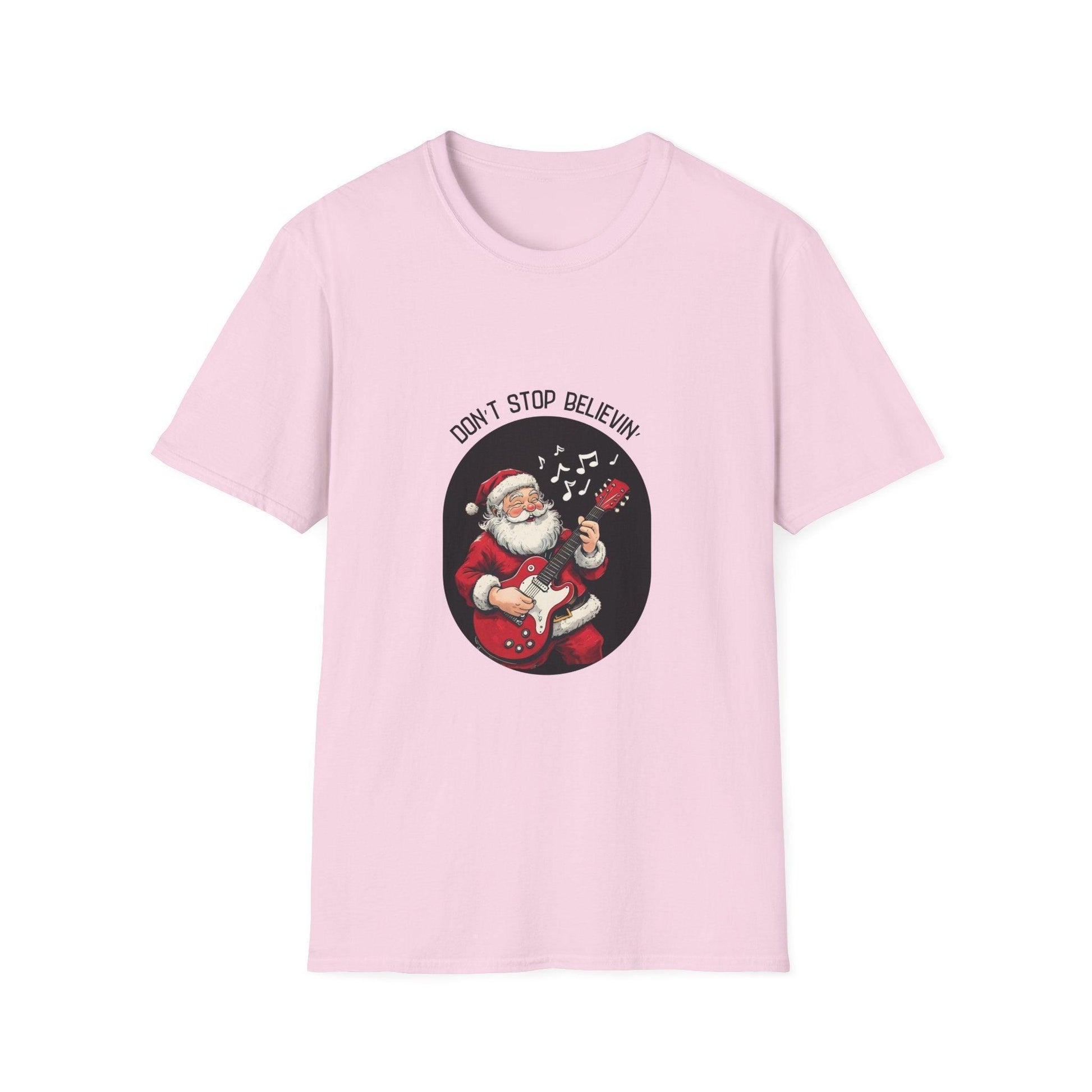 Don't Stop Believin': Santa's Rockin' Christmas Cheer! 🎅🎸🎄 - Unisex Softstyle T-shirt - Whippie's