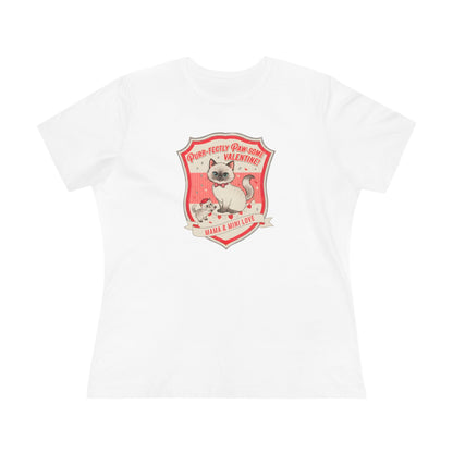 White t-shirt with vintage design of a cat and kitten inside a red shield reading 'Purr-fectly Paw-some Valentine! Mama & mini love'
