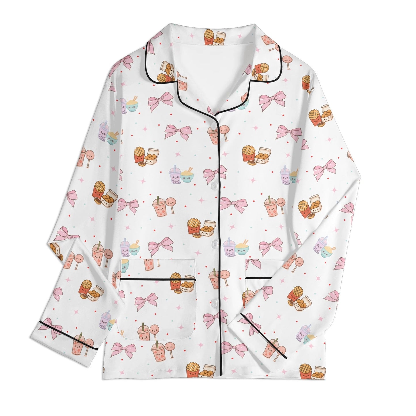 Kawaii Snack & Bows Childrens Pajama Set with Pockets Childrens Long Sleeve Nightwear Pajama Set with Pockets