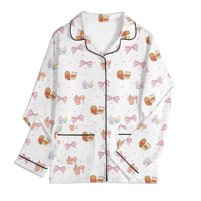 Kawaii Snack & Bows Childrens Pajama Set with Pockets Childrens Long Sleeve Nightwear Pajama Set with Pockets