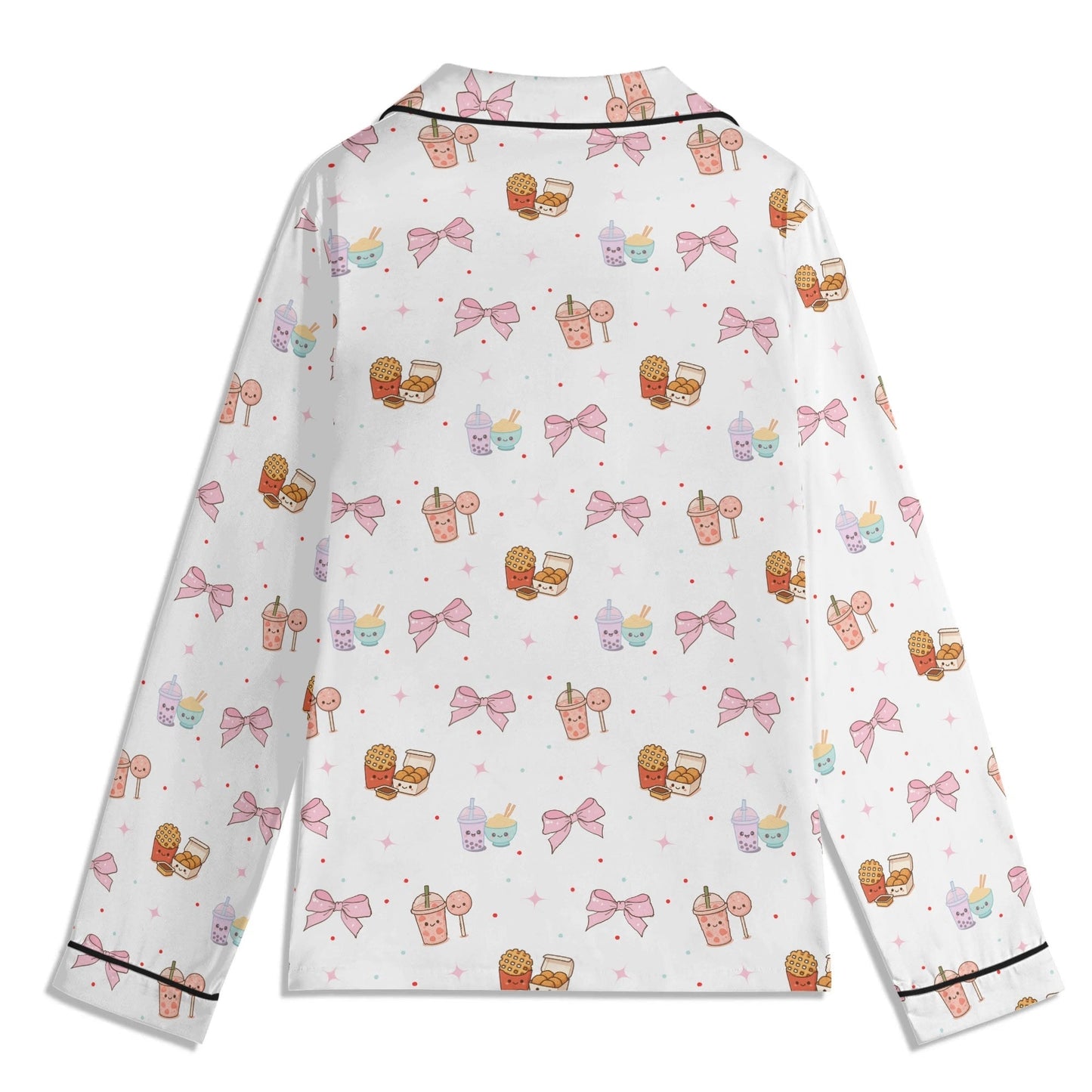 Kawaii Snack & Bows Childrens Pajama Set with Pockets Childrens Long Sleeve Nightwear Pajama Set with Pockets
